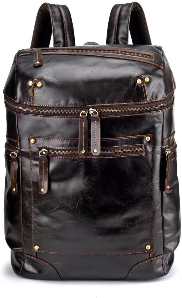 Retro Large Capacity Leather Backpack Travel Bag Soft Waxed Leather Backpack with Gift Box for Men 15.6 Inch Laptop (Coffee)