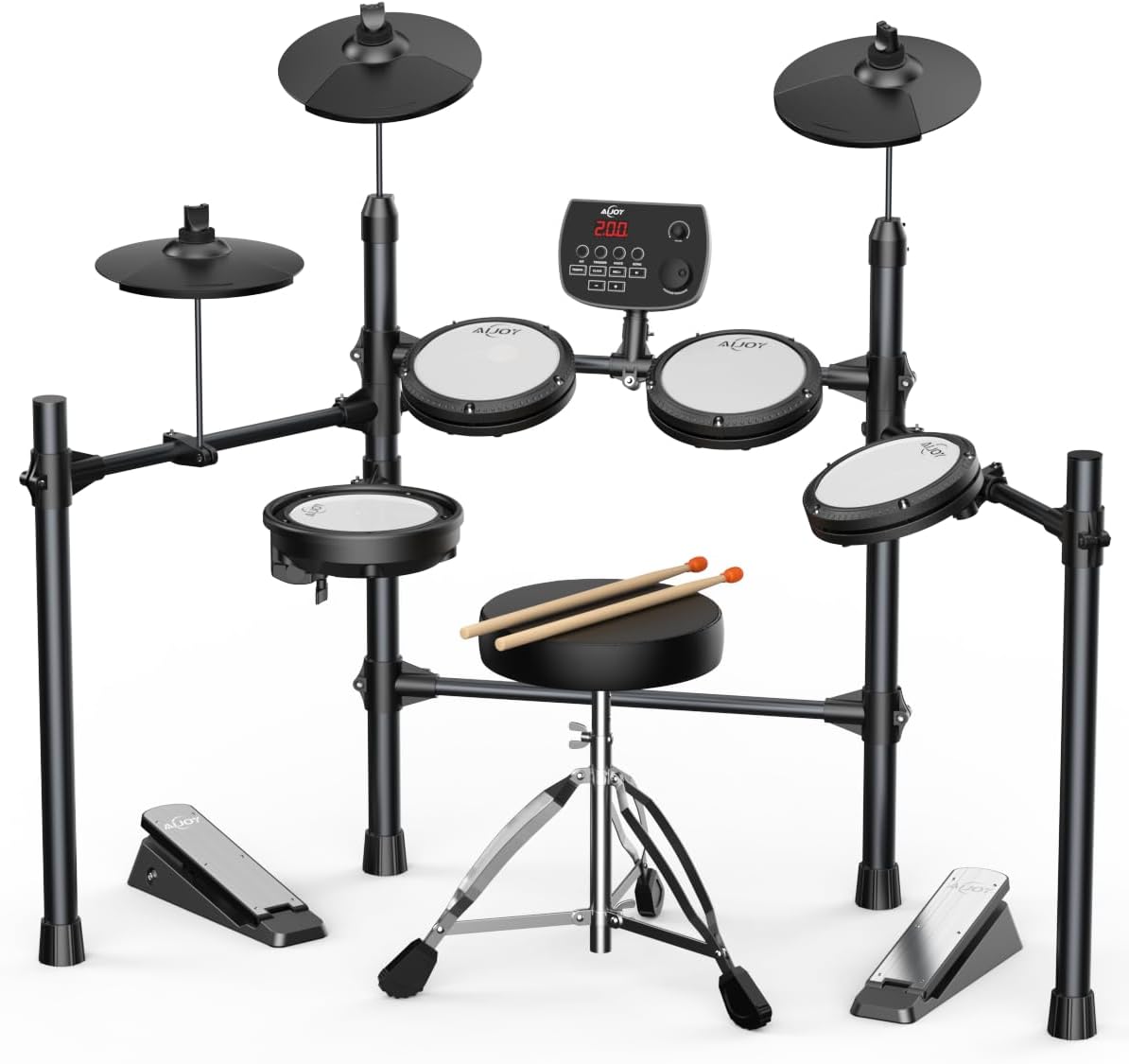 AiJoy Electronic Drum Set for Adults & Beginners, Quiet Mesh Pads with 5 Drums & 3 Cymbals, Dual-Zone Snare, USB MIDI, Sound Module, Drum Throne, Headphones, Sticks, 25 Kits & 195 Sounds