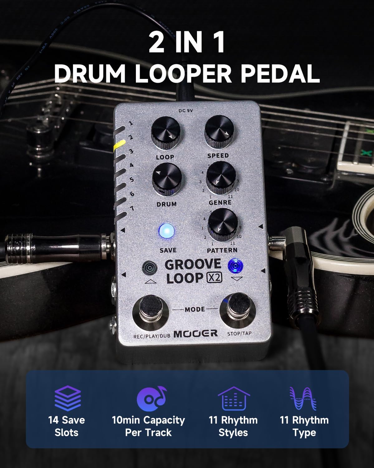 MOOER Groove Looper X2 Stereo Drum Machine Looper Pedal supports external footswitches with Air P05 Guitar Wireless System