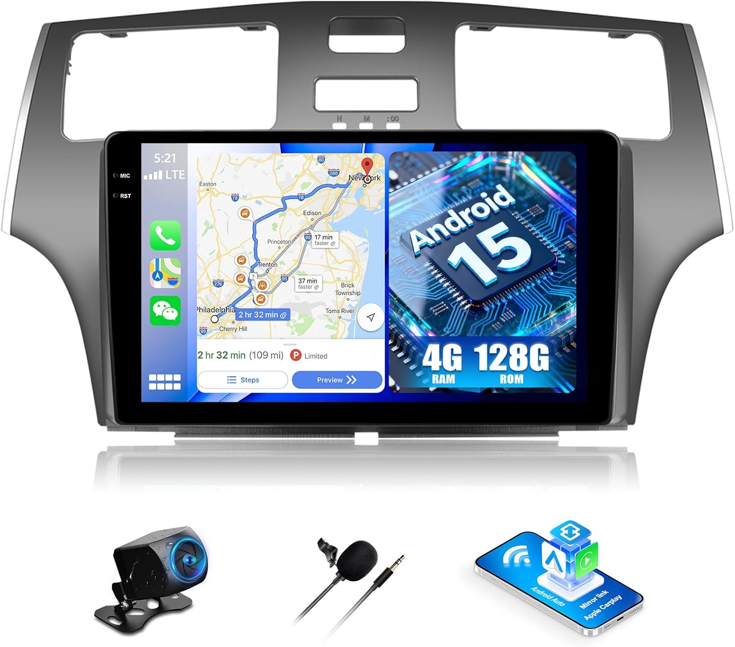 4G+128G Android Car Stereo for Lexus ES250 ES300 ES330 2001-2006 with Wireless Carplay Android Auto 9 Inch Touch Screen Head Unit Replacement Backup Camera WiFi GPS RDS Bluetooth