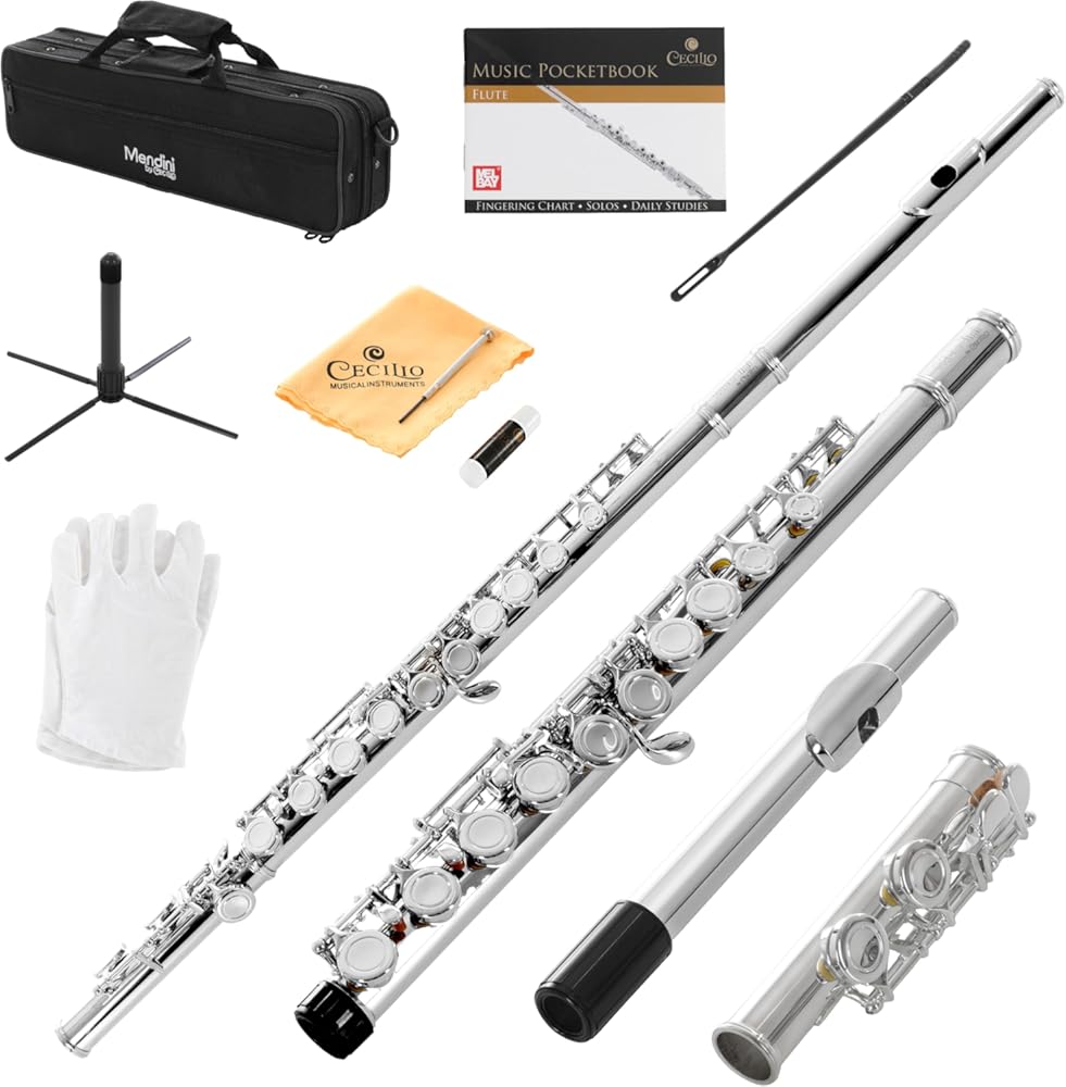 Mendini By Cecilio Flute, 16 Keys C Flute Instrument Closed Hole For Beginners with Carrying Case, Cork Grease, Stand, Lesson Book, Cleaning Kit, Gloves (Nickel)