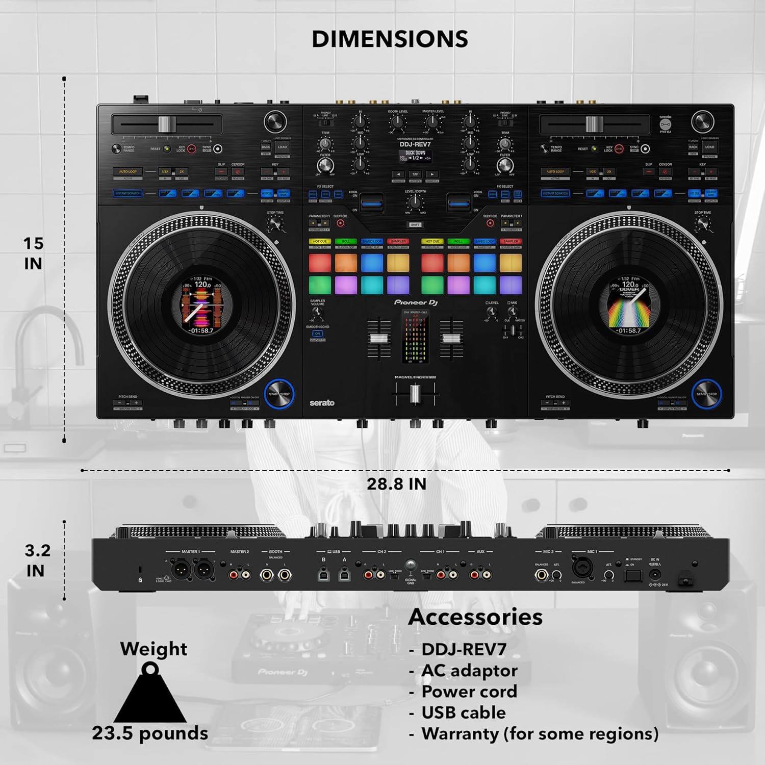 Pioneer DDJ-REV7 Scratch-Style 2-Channel Professional DJ Controller - Black Bundle with Laptop Stand, Headphones, and Austin Bazaar Polishing Cloth