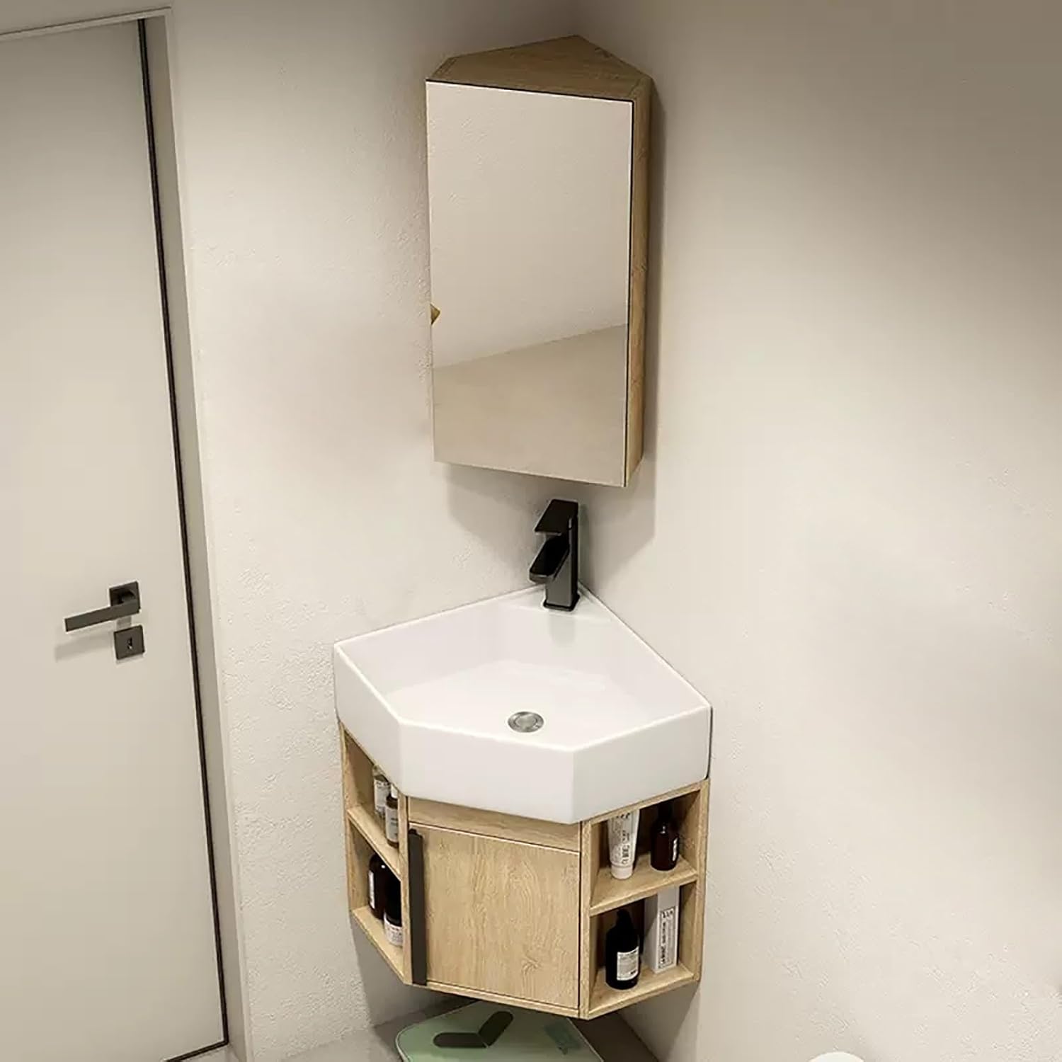 Bathroom Sink Vanity with Cabinet, Corner Wall Mount Sink with Hot and Cold Water Faucet, Heavy-Duty Ceramic Floating Sink, Modern Wall Mount Vessel Sink(Beige,40cm/16in)