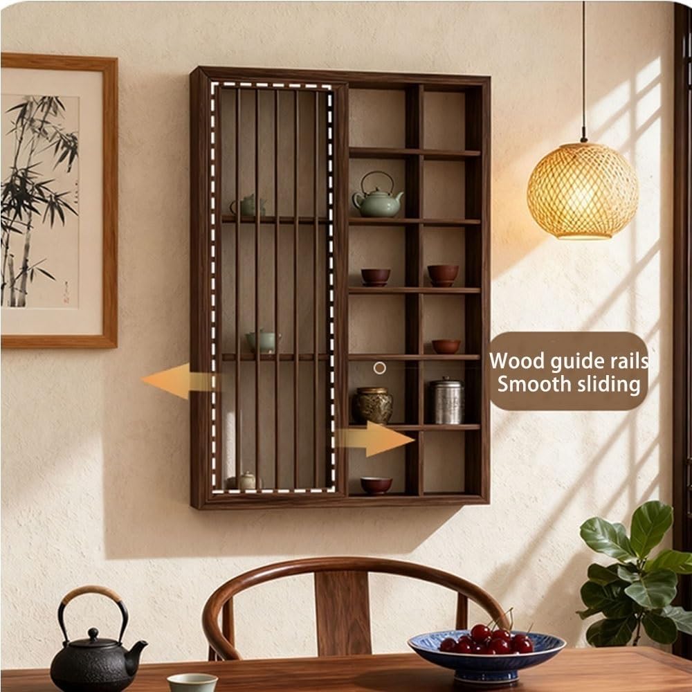 Tea Cup Holder Display Stand, Wall Mounted Cups Holders with Door, Wood Teaware Displays Shelf for Living Room, Tea Room, Office(35.43 * 23.62in)