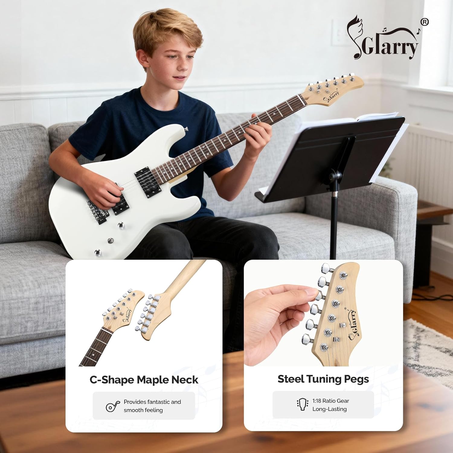 GLARRY 39in Electric Guitar Kit, H-H Pickup Full Size Set for Beginners, Starter Adults with 20W Amp, Guitar Bag, Strings, Strap, Pick (White)