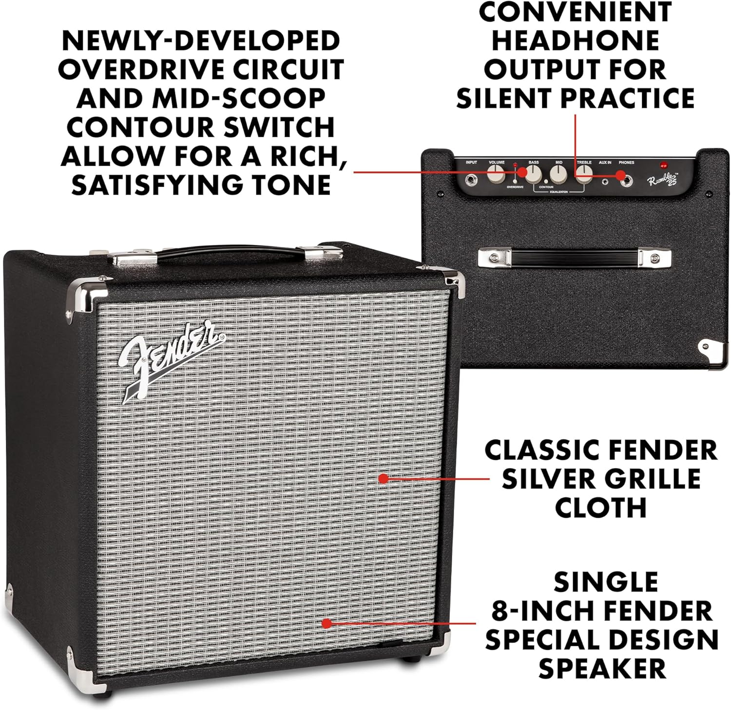 Fender Rumble 25 V3 Bass Amplifier, Bass Combo Amp, 25 Watts, with 2-Year Warranty, 8 Inch Speaker, with Overdrive Circuit and Mid-Scoop Contour Switch