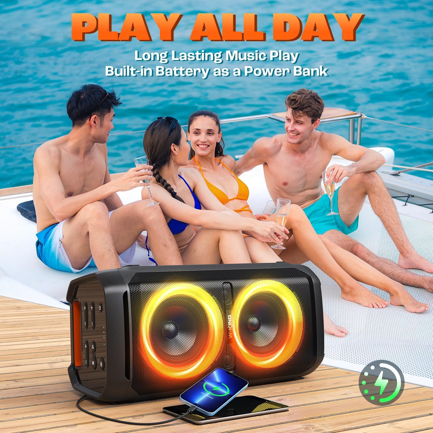 W-KING Portable Bluetooth Speaker 240W, Loud Boom Box with Deep Bass Subwoofers, IPX6 Waterproof Party Outdoor Speaker, Speakers Bluetooth Wireless, RGB Lights, 24H, Mic&Guitar Input, Echo, EQ, AUX