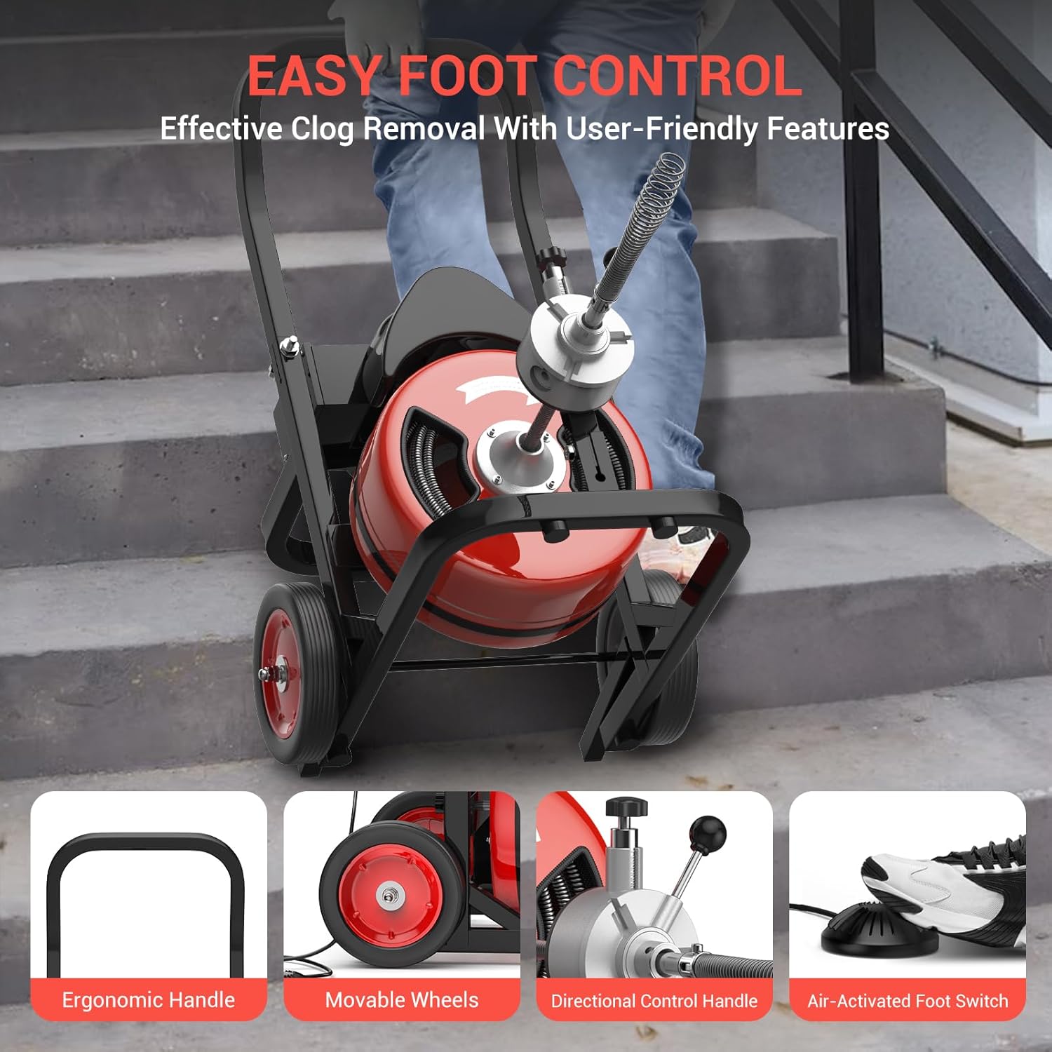 100FT Electric Drain Cleaning Machine with 1/2 Inch Cable, 450W Auto Feed Portable Sewer Snake, Air-Activated Foot Switch, 6 Interchangeable Cutters for 2