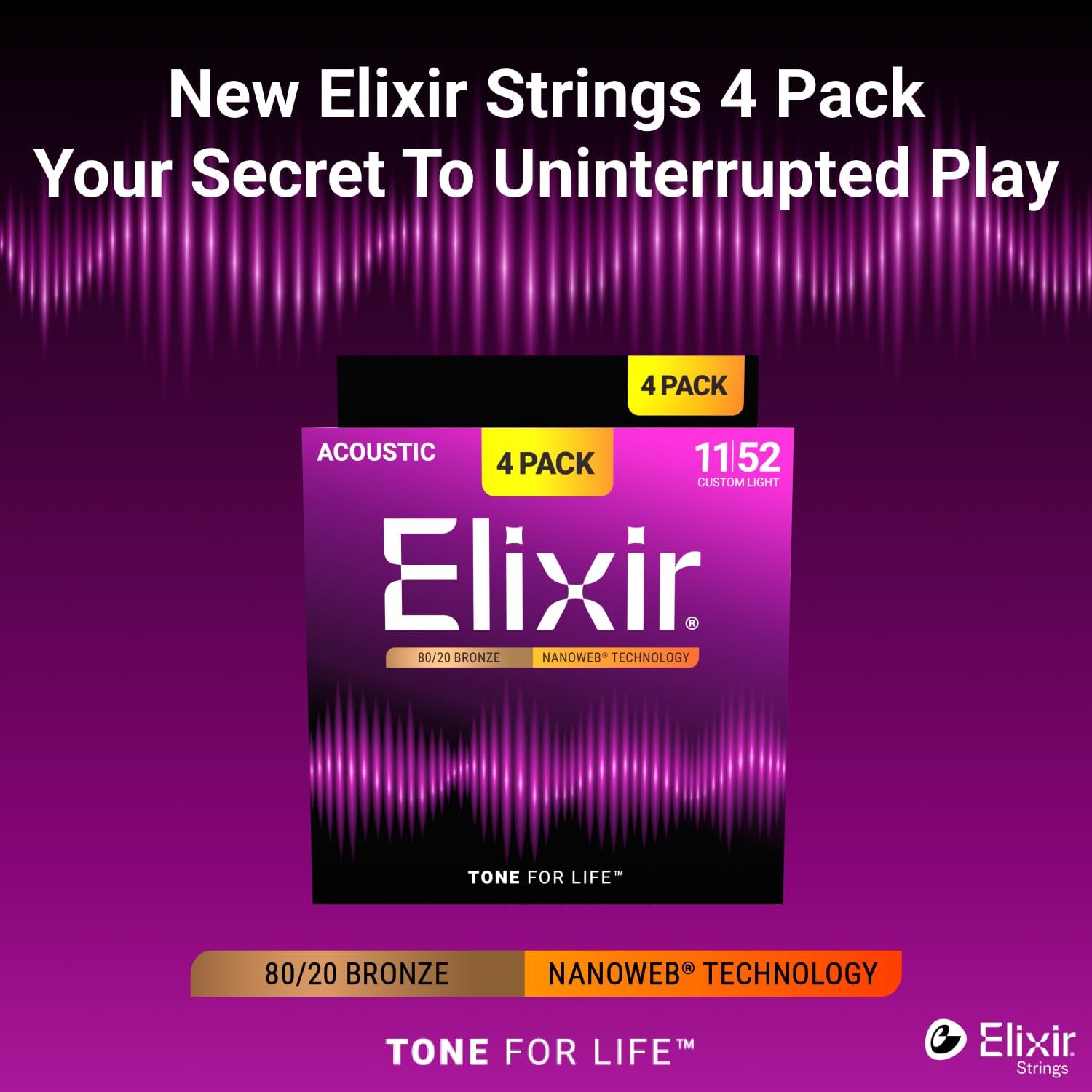 Elixir Strings, Acoustic Guitar Strings, 80/20 Bronze with NANOWEB Technology, Longest-Lasting Bright and Focused Tone with Comfortable Feel, 4 Pack, Custom Light 11-52