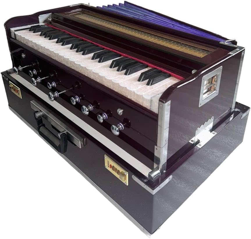 Folding Harmonium Instrument, 9 Stopper, Rosewood Color, 3 1/2 Octave, Coupler, Indian Musical Instrument