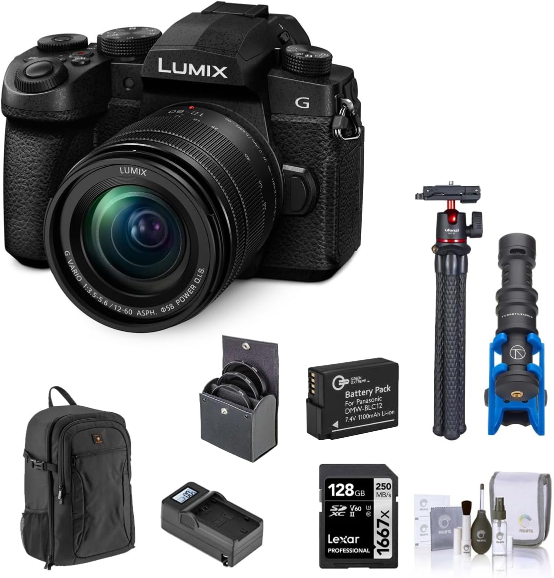 Panasonic LUMIX G95 Mirrorless Camera with LUMIX G Vario 12-60mm f/3.5-5.6 MFT Lens Bundle with 128GB Memory Card, Backpack, Extra Battery, Charger, Mic, Tripod, 58mm Filter Kit, Cleaning Kit