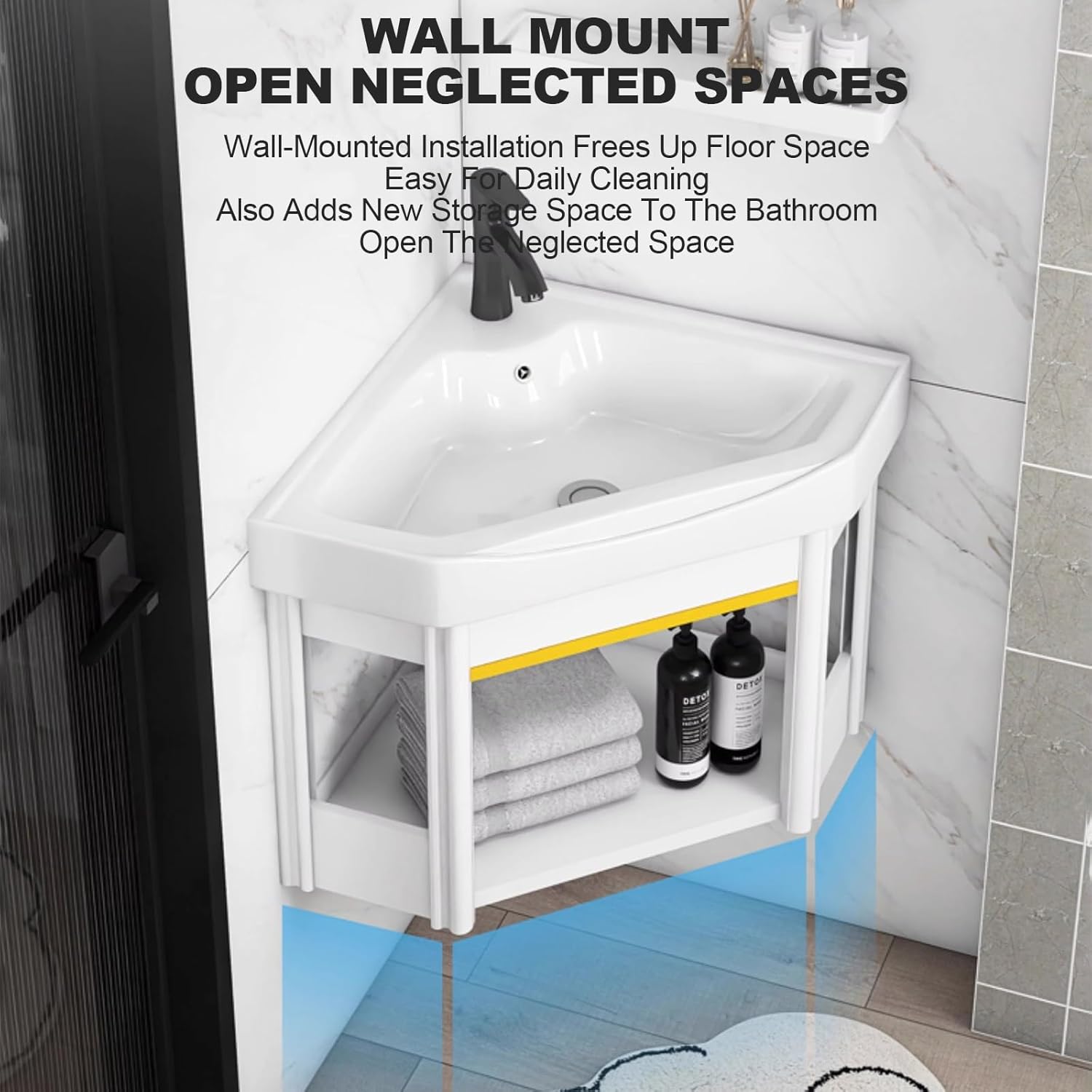 Wall Mount Corner Sink Ceramic Vessel Sink Small Corner Sink with Cold and Hot Water Pipe Faucet and Drain Towel Bar for Farmhouse Cloakroom Small Bathroom Corner Bathroom Sink. ( Size : 58x48x24cm )