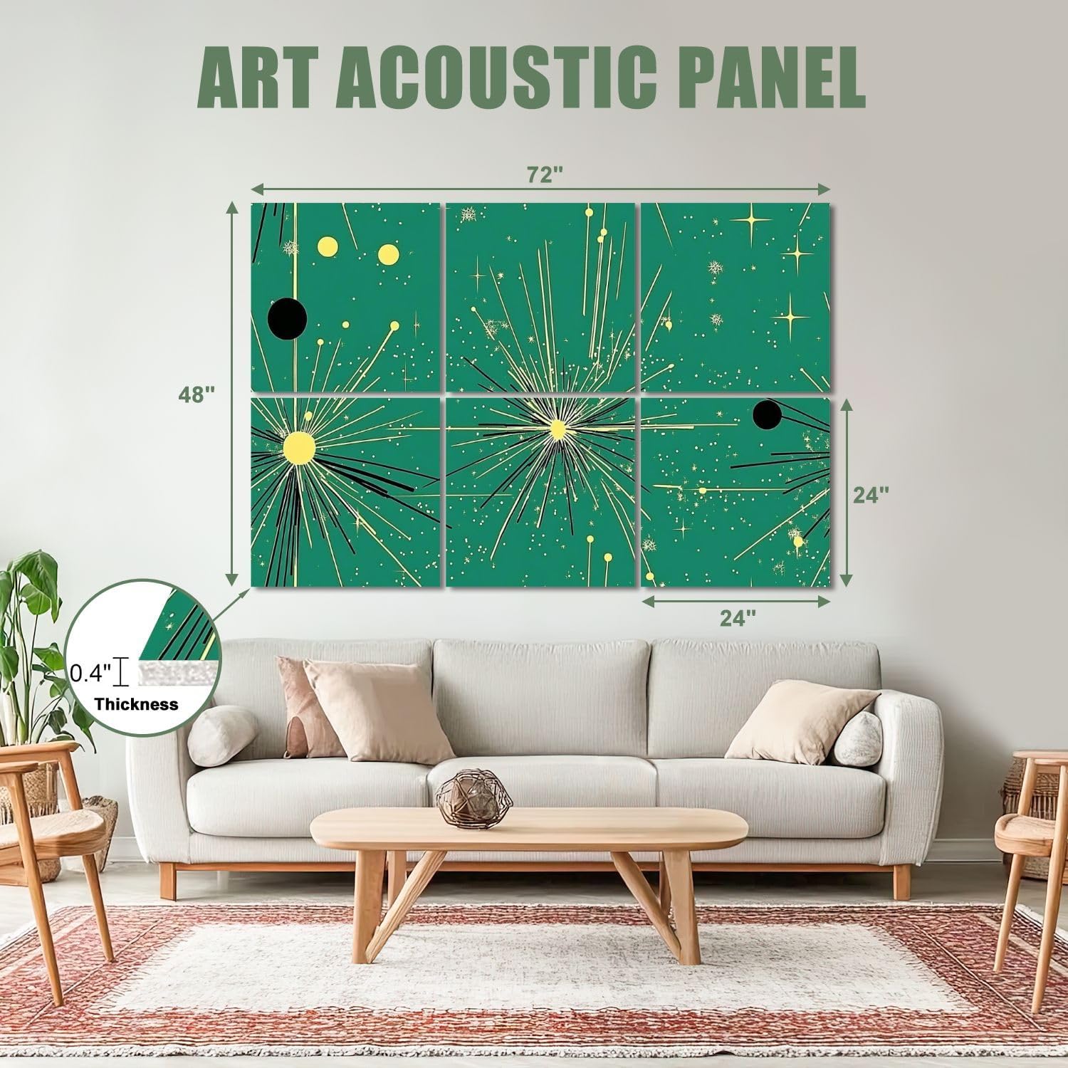 6 Pack Art Acoustic Panels Sound Absorbing Seamless Mid Century Modern Green Black Blue Fireworks Stars Circular Decorative Soundproof Wall Panels Self Adhesive for Recording Studios Office 72
