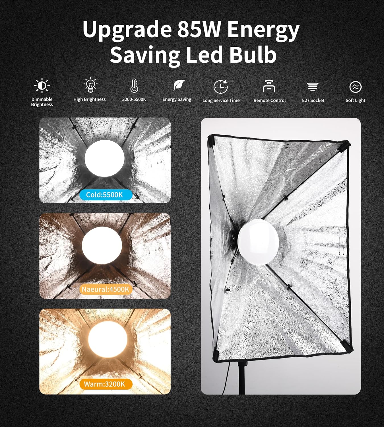 Softbox Lighting Kit 2Pcs 27” x 20” Professional Soft Box | 3200K-5500K 85W LED Bulbs & 82” Light Stand with Remote/Studio Lights for Photography/Video Recording/Live Streaming