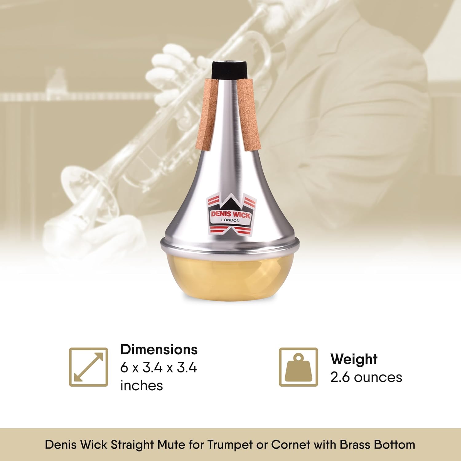 Denis Wick Straight Mute for Trumpet or Cornet with Brass Bottom, 5504B - Hand-Spun Aluminum Mute with Natural Cork - Brilliant Tone, Reliable Intonation & Tight-Bell Fit - 6.1 x 3.4 x 3.4 in, 2.26 oz