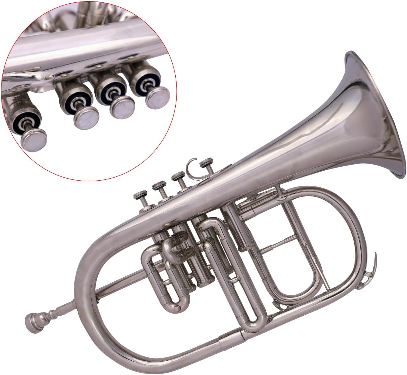 SM'Sai Musicals 4 Valve Flugel Horn With Mouthpiece And Hard Case For School Band Silver Flugel Horn BB Pitch Brass Musical Instrument For Orchestra Beginners Professionals For Kids Adults
