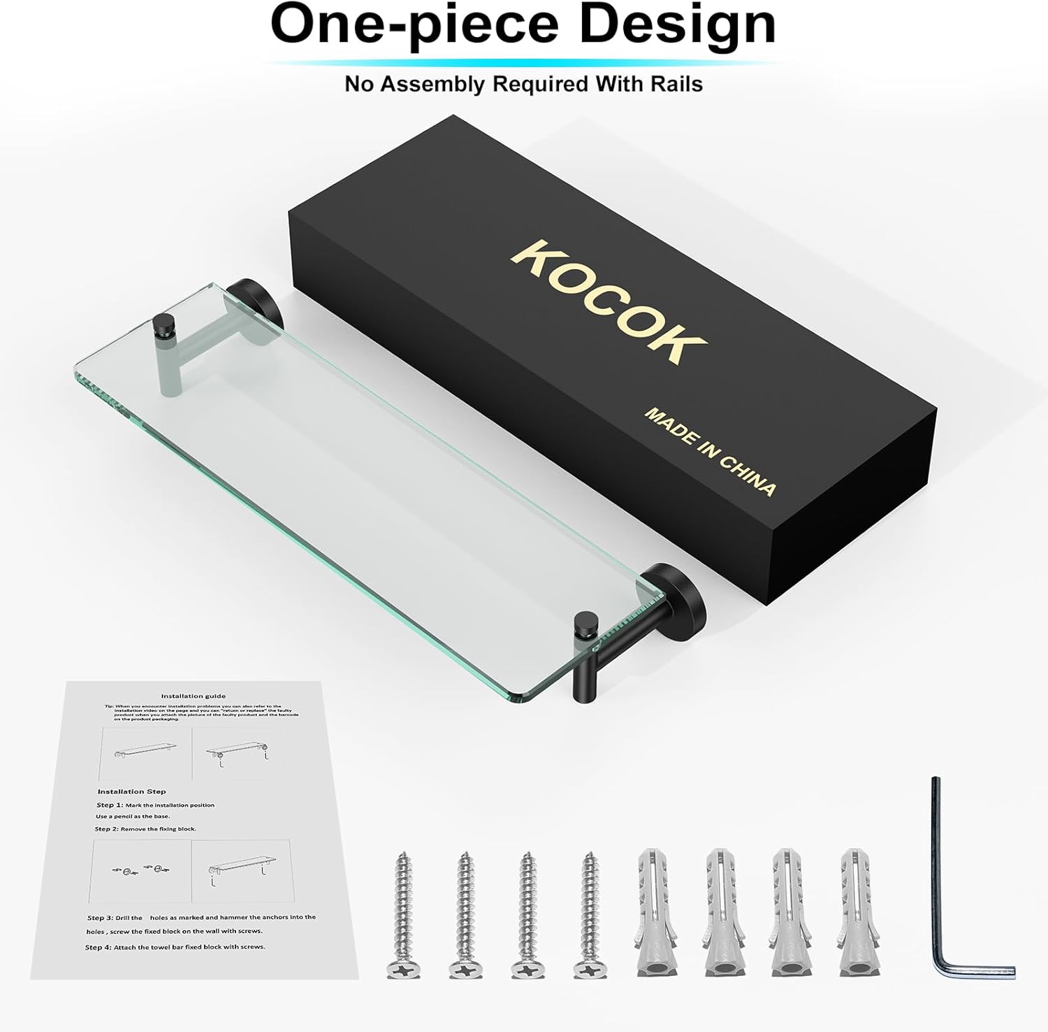 Bathroom Shelf Glass Shelf 2 Pack,16-Inches Floating Glass Shelves Towel Bar/Track(Matte Black)