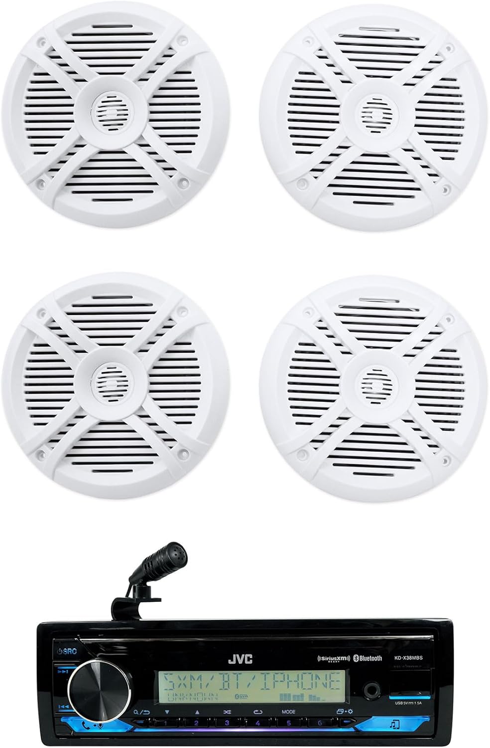 Audiosavings Bundle: JVC KD-X38MBS 1-Din Car/Marine/UTV/Motorcycle Stereo Receiver w/Bluetooth/USB Bundle with (2) Pair Rockville RMSTS65W 6.5