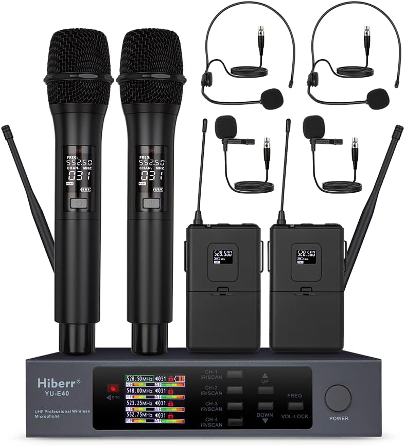 Wireless Microphone System, 4 Channels Adjustable UHF Wireless Microphone Metal Shell Vocal Wireless Mic for Church, Party, Singing, SpeechYU-E40HB Cordless Microphone