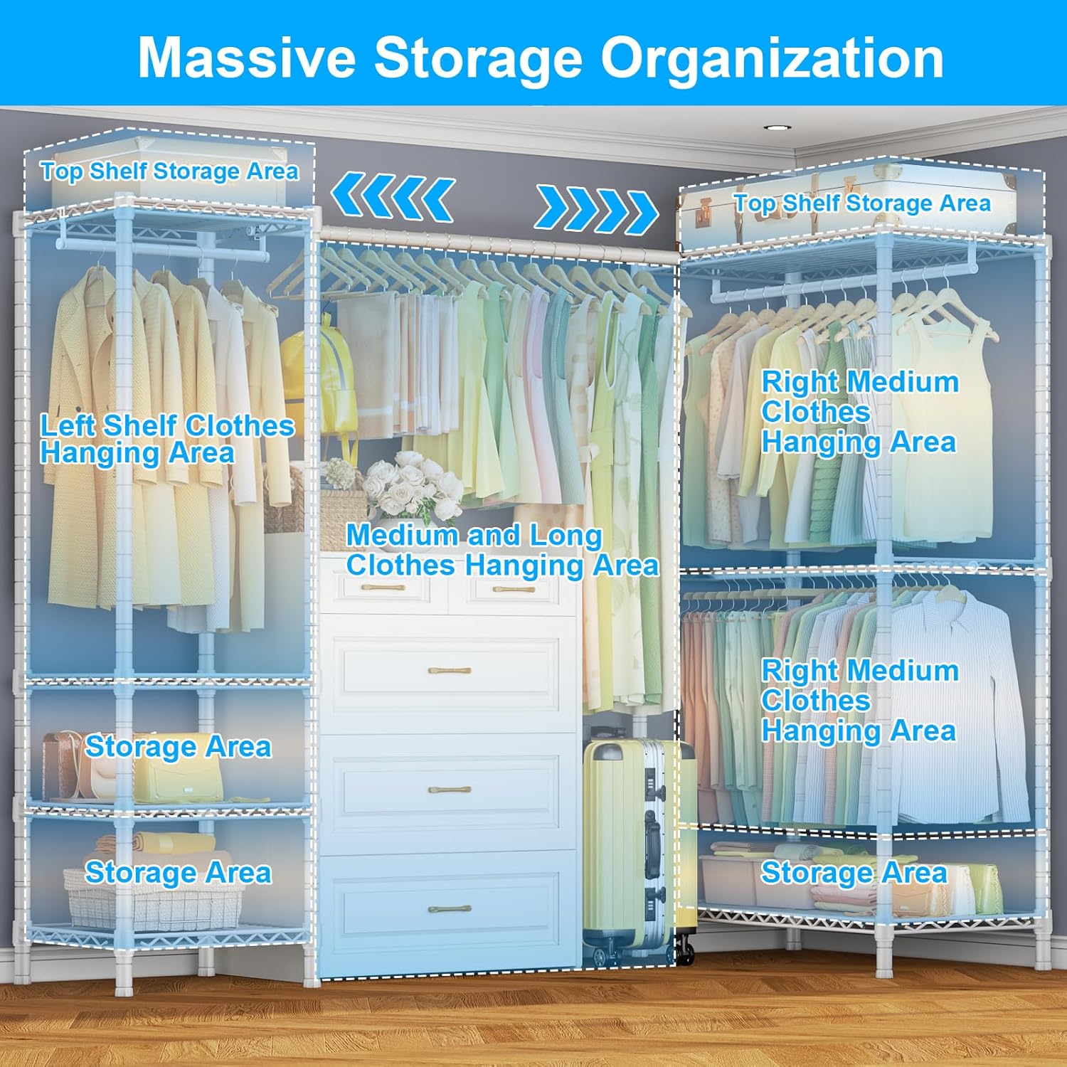 E10L L-Shaped Clothes Rack for Corner（With Expandable Hanger Rod）Heavy Duty Freestanding Clothing Racks for Hanging Clothes，Portable Garment Rack 58-82