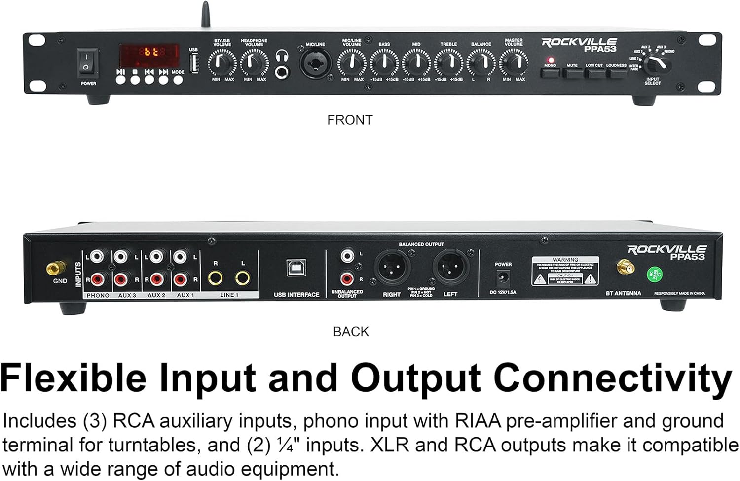 Rockville PPA53 Preamp Pro 1U Preamplifier w/Bluetooth, USB/Computer Interface, Multi-Input, High-Fidelity Audio, for Home Studio Recording & Live Sound