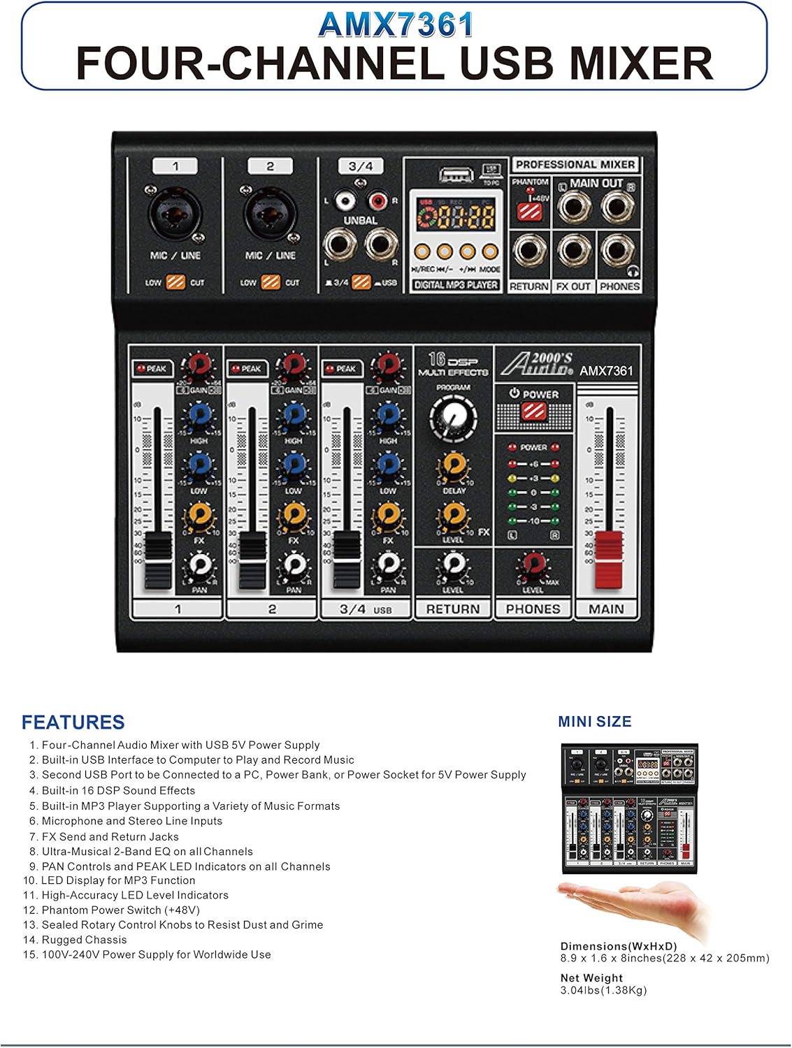 Audio2000'S AMX7361 Four-Channel Audio Mixer with USB 5V Power Supply, USB Interface, and Sound Effect