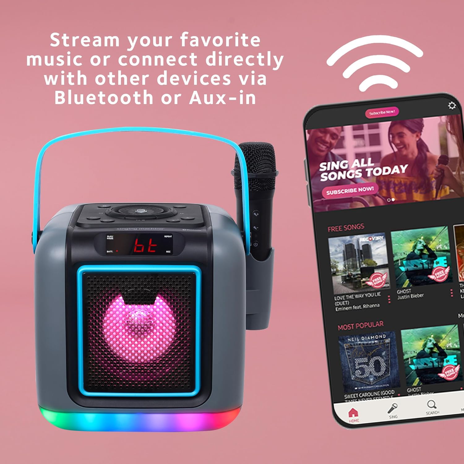 Singing Machine Karaoke System for Adults & Kids with Wireless Microphone, Cube Mini - Rechargeable Battery Karaoke Speaker with Multi-Colored Lights, Bluetooth, 22 Voice Effects & Lead Vocal Removal