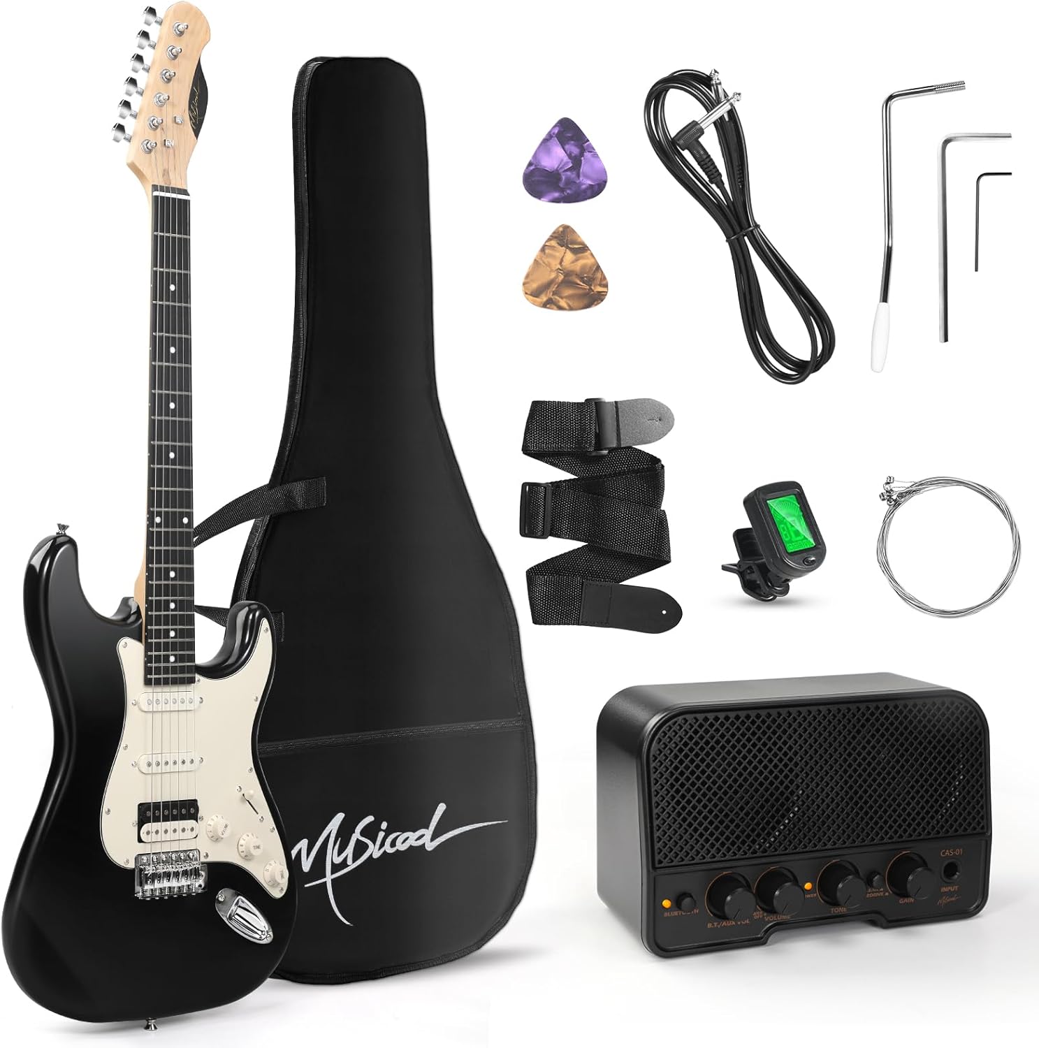 Musicool 39 Inch Electric Guitar Starter Kit– HSS Pickups Solid Body Electric Guitar Includes Amplifier, Bag, Digital Tuner, Strap, String, Cable, Picks, Beginner Gift（Black）