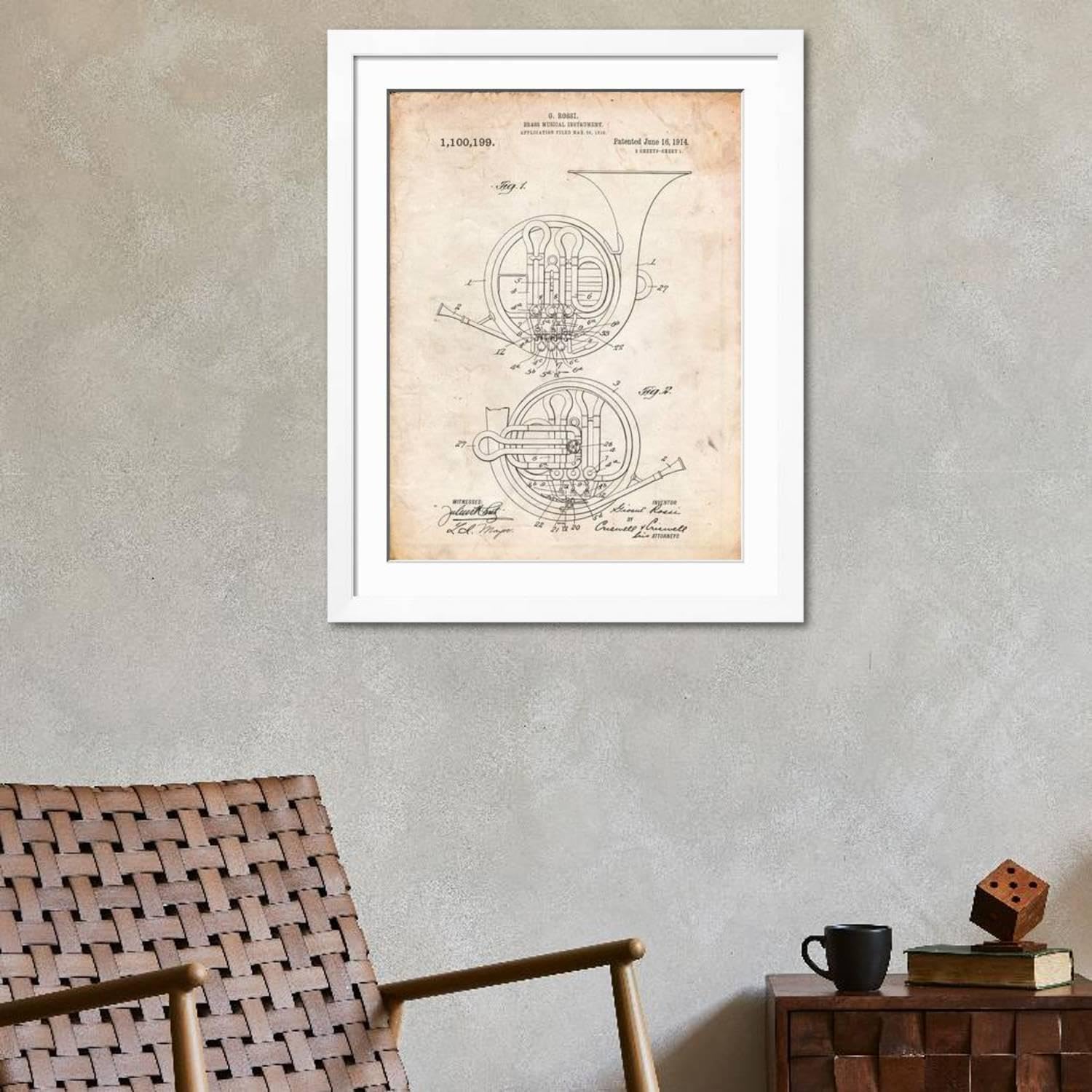 ART.COM Wall Art Print French Horn Instrument Patent on White Frame by Cole Borders, 32