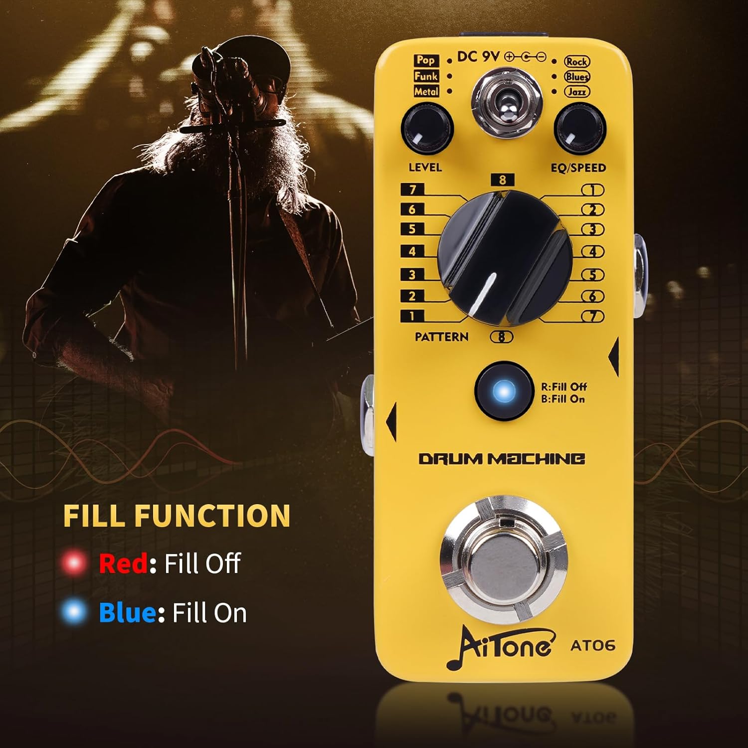 AITONE Drum Machine Guitar Pedal with Real-Time Fill Function 48 Drum Grooves 6 Music Styles & Tap Tempo EQ Presets for Electric Guitar (AT-06)