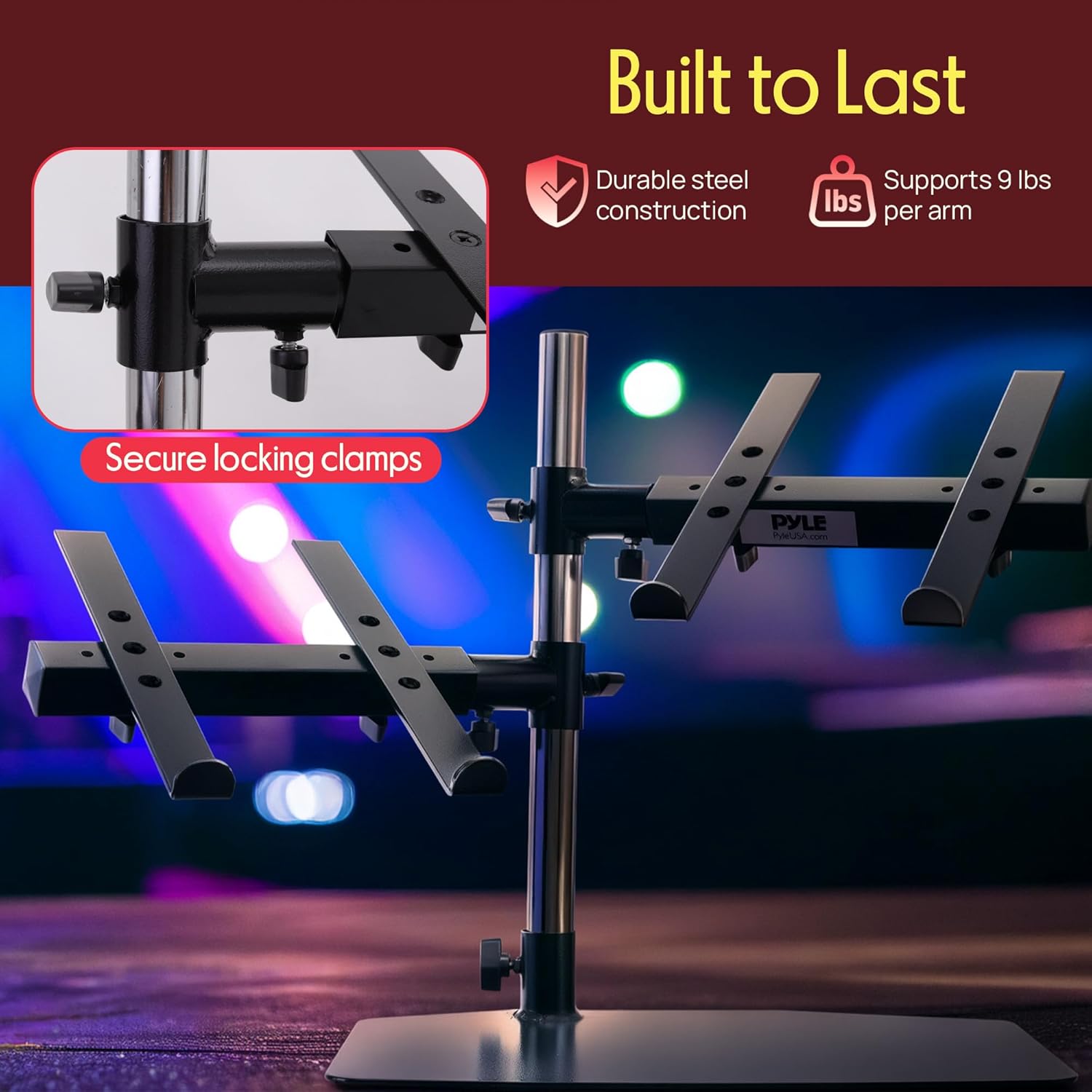 Pyle Portable Dual Laptop Stand – Standing Table Holder with Bracket Arms,Adjustable Height,Ergonomic Design, 360° Swivel for DJ Mixer,Sound Equipment,Workstation,Gaming & Home Use with Tilt Function