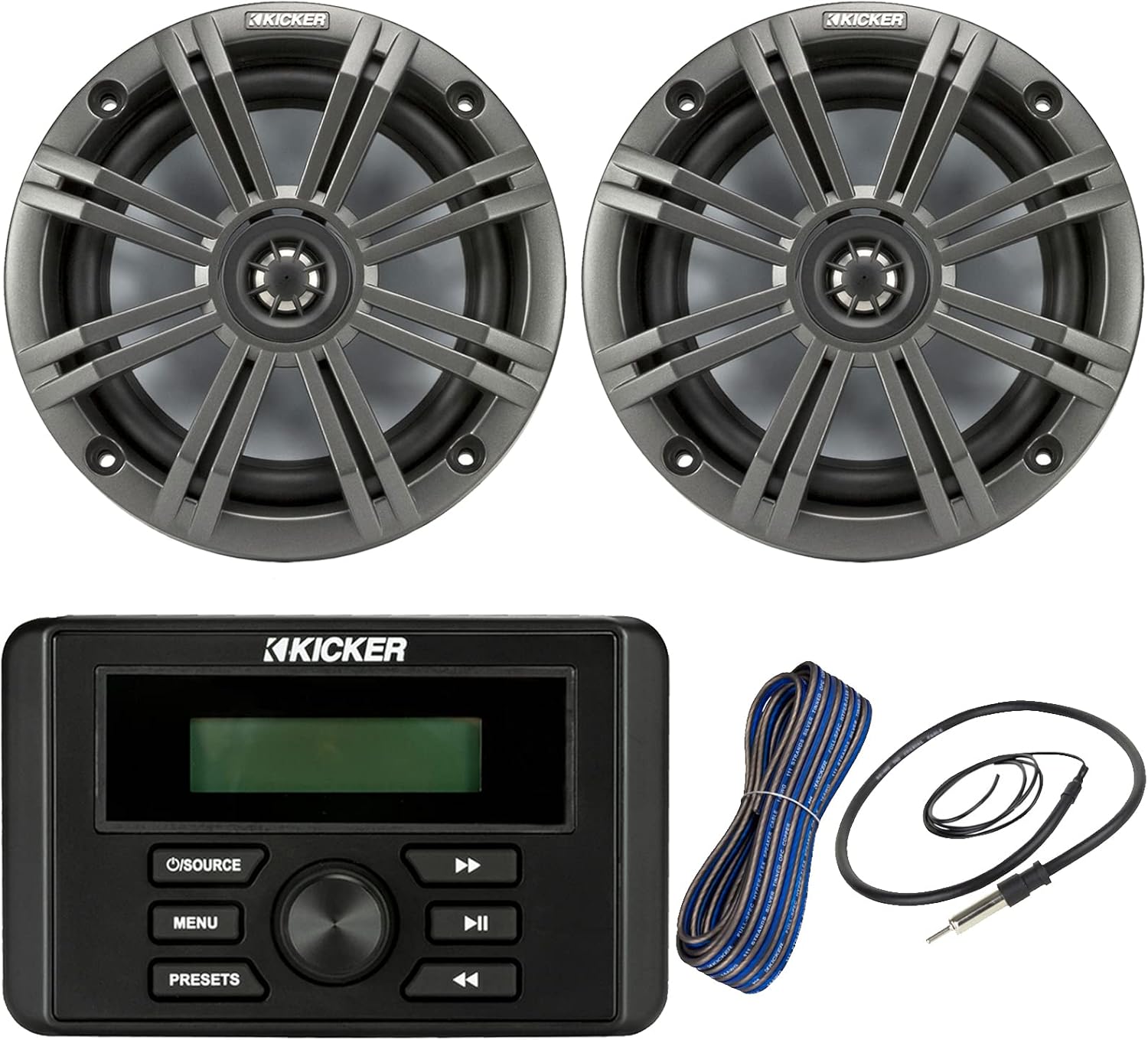 Kicker Weather-Resistant Marine Bluetooth USB RCA Stereo Receiver Bundle Combo with 1 Pair (QTY 2) 6.5