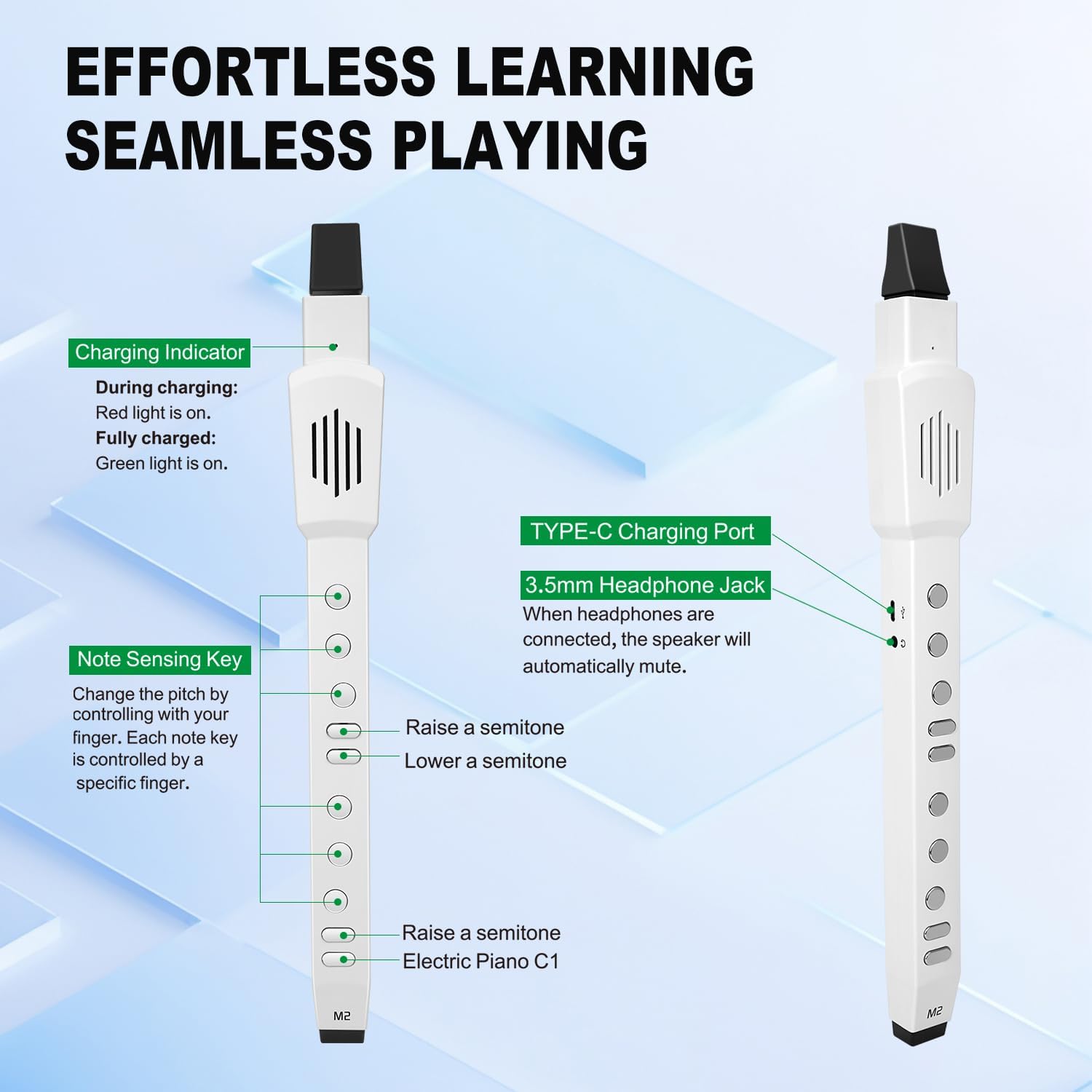 EX Electric Digital Wind Instrument, Electric Saxophone, with 12 Tones, 3 Fingering Modes, 3-Octave Range, Auto Vibrato & Transpose, Bluetooth MIDI & Rechargeable, White