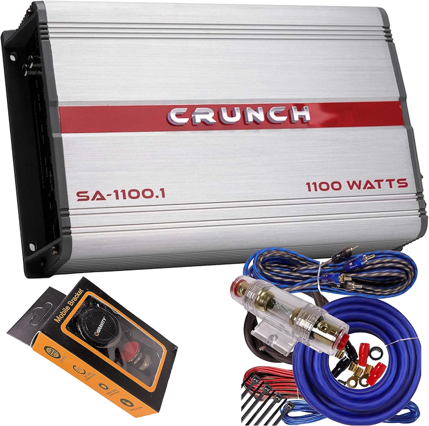 Crunch SA-1100.1 Smash Series 1,100-Watt Monoblock Class AB Amp Car Audio Sound System Subwoofer Speaker Amp Amplifier with Gravity Magnet Phone Holder and 4 Gauge Kit Blue Bundle