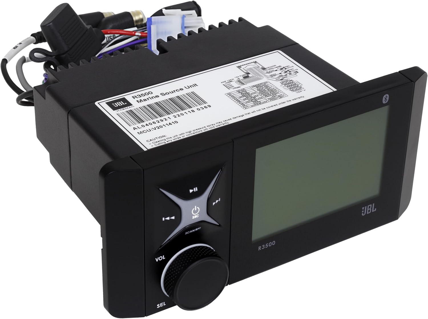 JBL R3500 Wake Series Source Unit - 4 X 55W Peak @ 4ohm Reciever with Bluetooth (5.0), AM/FM/WB, USB Input/Aux Input/Pre-Outs (L&R), Backlit Rotary Encoder, Rear amp Plug, IPX7 (Face), IPX3 (Rear)