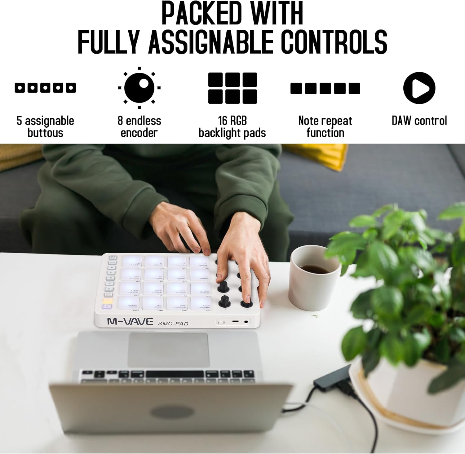 Wireless MIDI Controller Pads, Bluetooth Portable USB MIDI Controller with 16 Drum Pads, 8 Assignable Knobs, Note Repeat, Full Level Buttons, Rechargeable battery (White Pad)