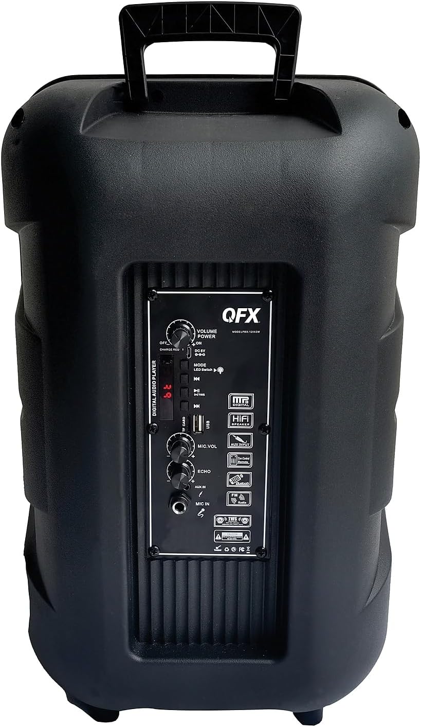 QFX PBX-1206SM PBX-1206SM 12-in. 21-Watt True Wireless Stereo Bluetooth Rechargeable Speaker with Wired Microphone and Stand