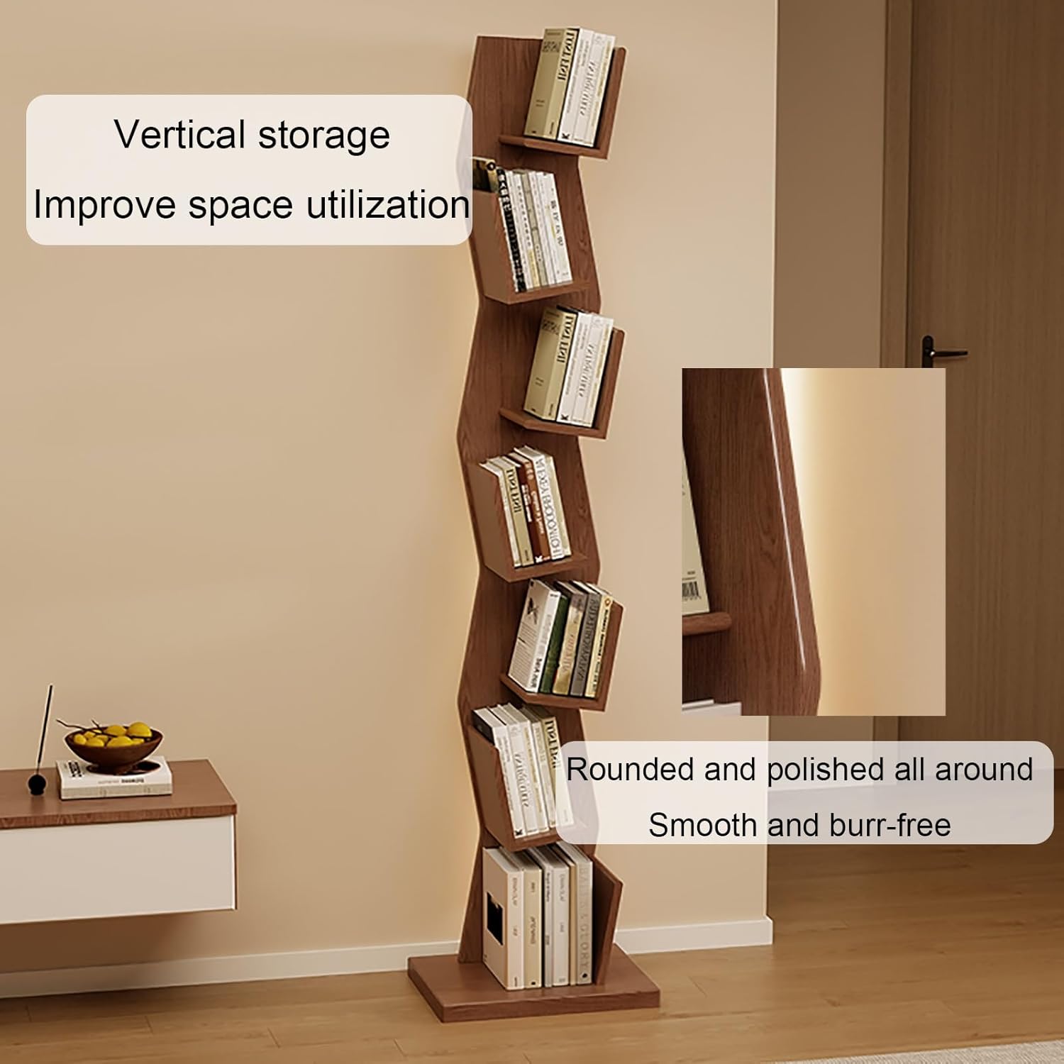Wood Vertical Bookshelf with Lights, LED Bookcase with Storage Organizer, Corner Bookcase Floor Standing Book Shelf for Living Room, Bedroom & Home Office(Black,128cm/50.4in)