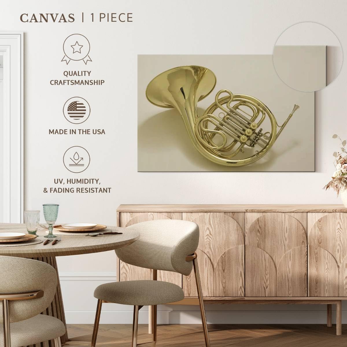 ElephantStock - French Horn Instrument Wall Art - Horizontal Canvas Wall Art - Living Room Wall Decor - Photography Music Canvas Art - Gray And Gold Decor - 51
