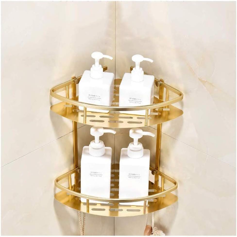 Exquisite Bathroom Shelves Corner Shelf for Shower Wall Mount, 2 Tiers Shower Caddy Corner Shelf Organizer with Hooks, No Drilling Bathroom Bathtub Shower Caddy Holder Corner Rack Stainless SteelGold