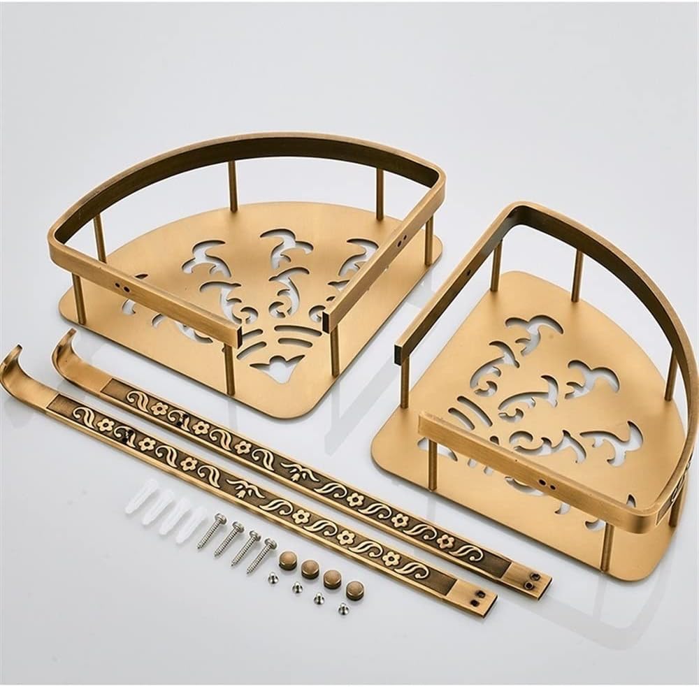 Corner Shower Caddy Nail Free Bathroom Shelves, 2 Layer Antique Metal Shower Corner Shelf, Wall Mount Shampoo Storage Shelf Shower Organizer，B