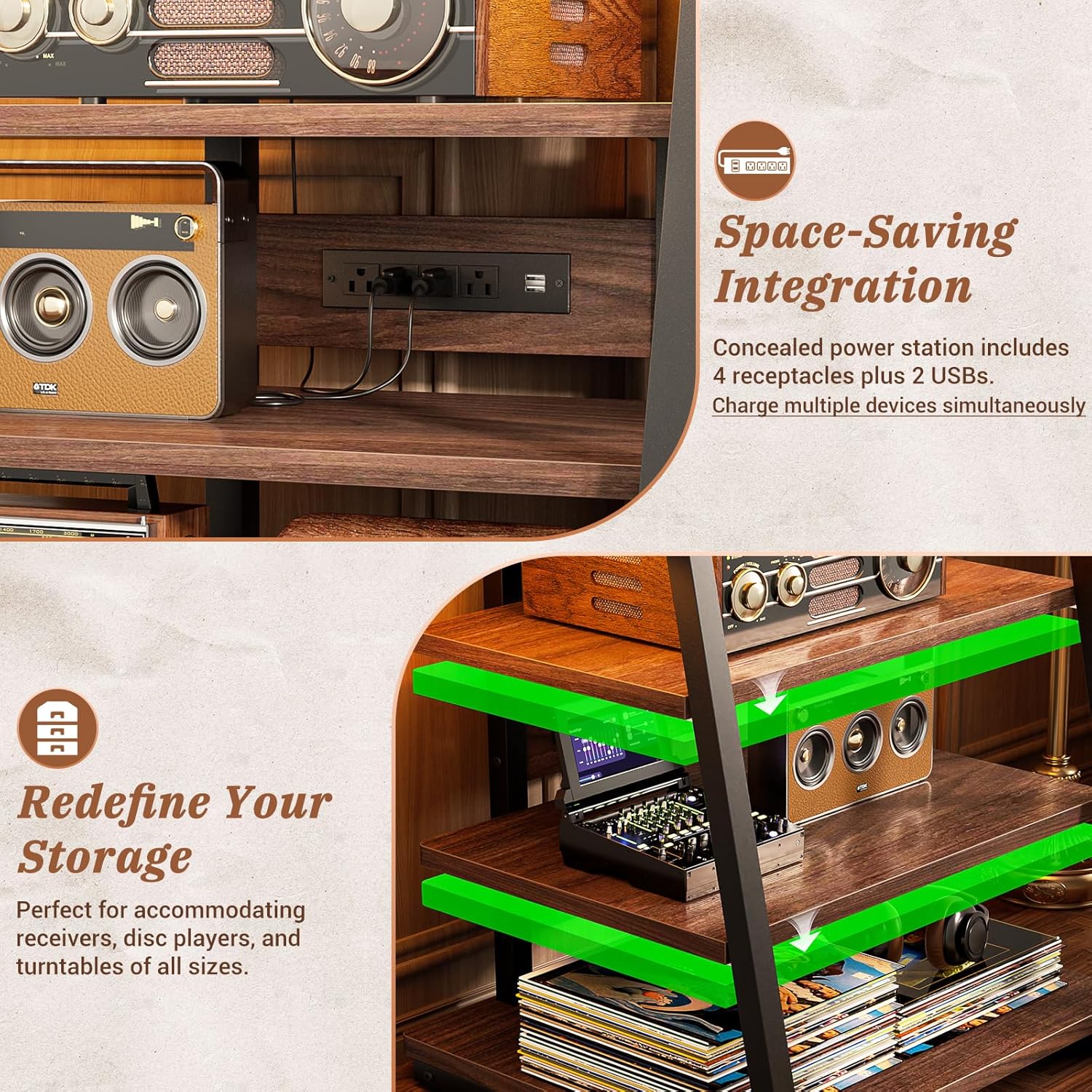 Armocity 4-Tier AV Media Stand with Power Strips, Corner TV Stand with LED Lights, Rack Audio Tower with Adjustable Shelves, Corner Entertainment Center, 30'', Black Walnut