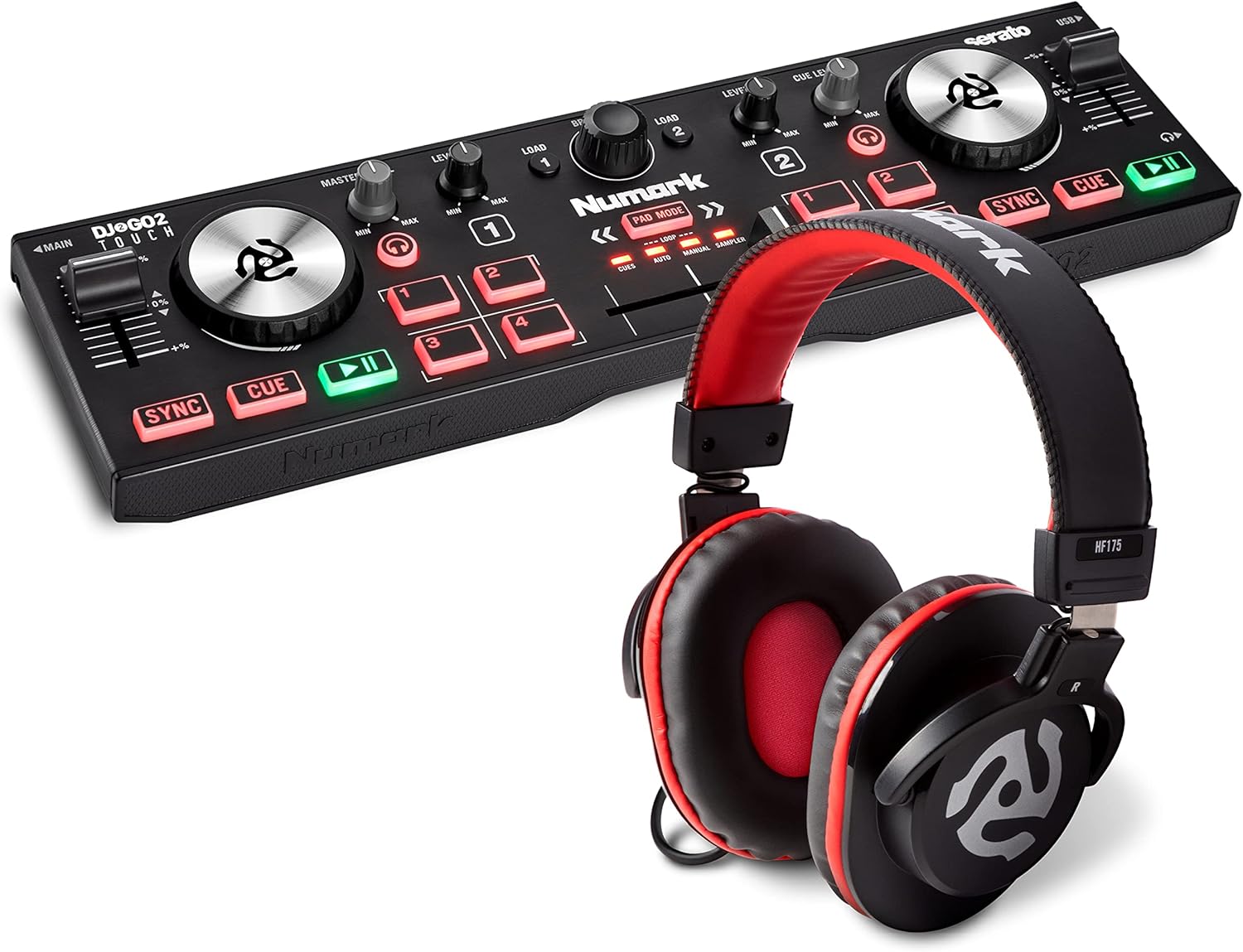 DJ Controller Bundle - USB DJ Controller with 2 Decks, Audio Interface, Touch Capacitive Jog Wheels, DJ Headphones – Numark DJ2GO2 Touch and HF175