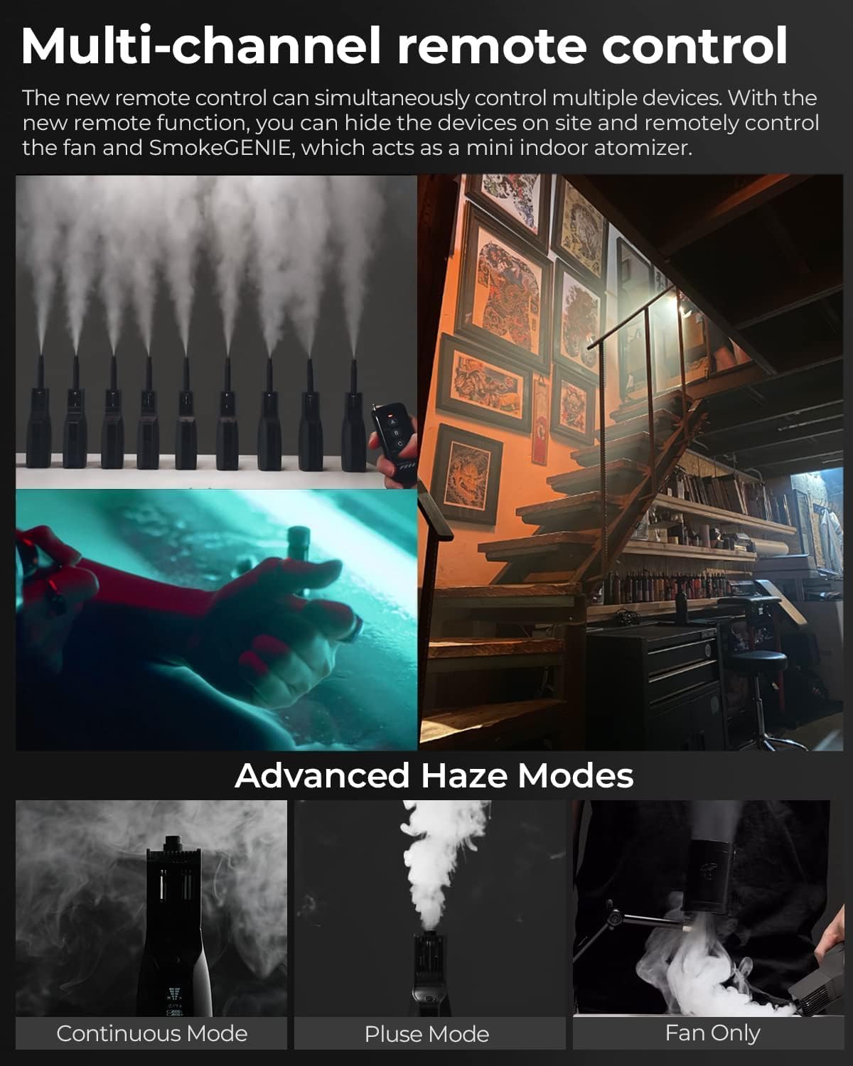 PMI SmokeGENIE Mini Smoke Machine, 500CFM Mist Power, Food Safe Formula, with Remote Control, Haze Fan, Multiple Adapters for Different Smoke Effects