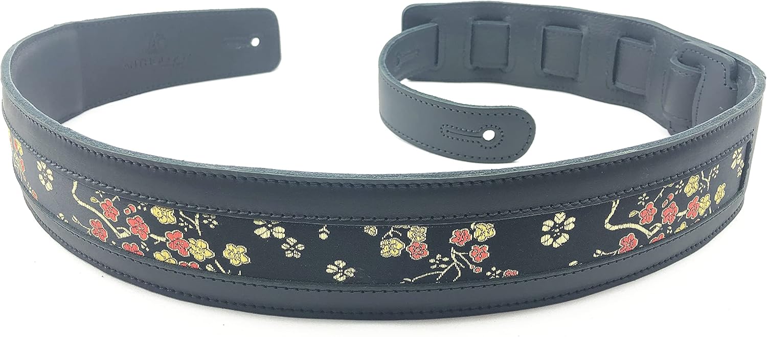 Anthology Gear Naginata Full Grain Leather Guitar Strap with Floral Silk Fabric Inlay For Electric, Acoustic, and Bass Guitars (2