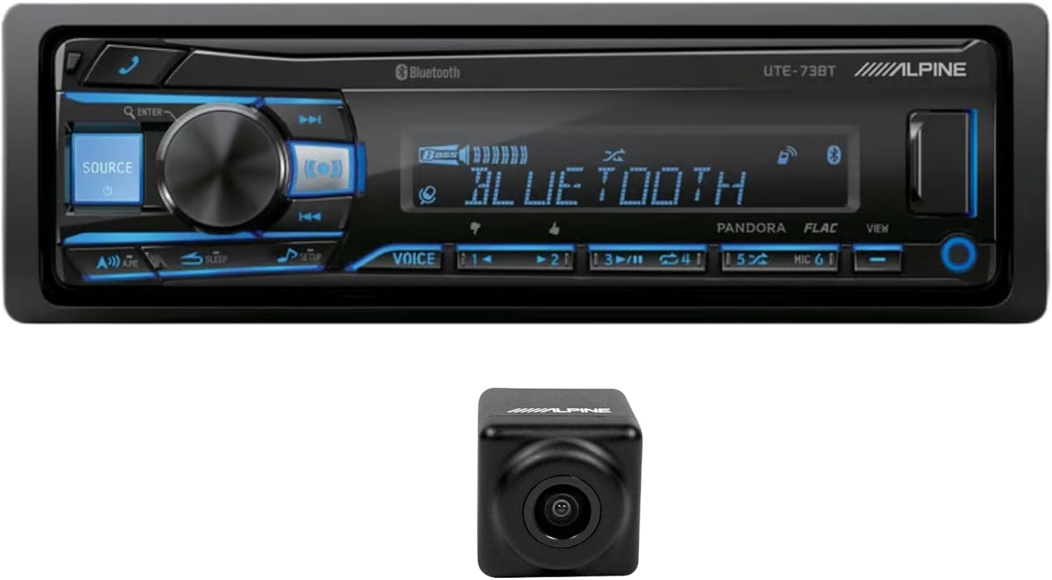 Alpine UTE-73BT Single-DIN Digital Media Receiver with Bluetooth and Pandora Control + Alpine HCE-C1100 HDR Rearview Backup Camera | Enhanced Audio & Clear Reversing View