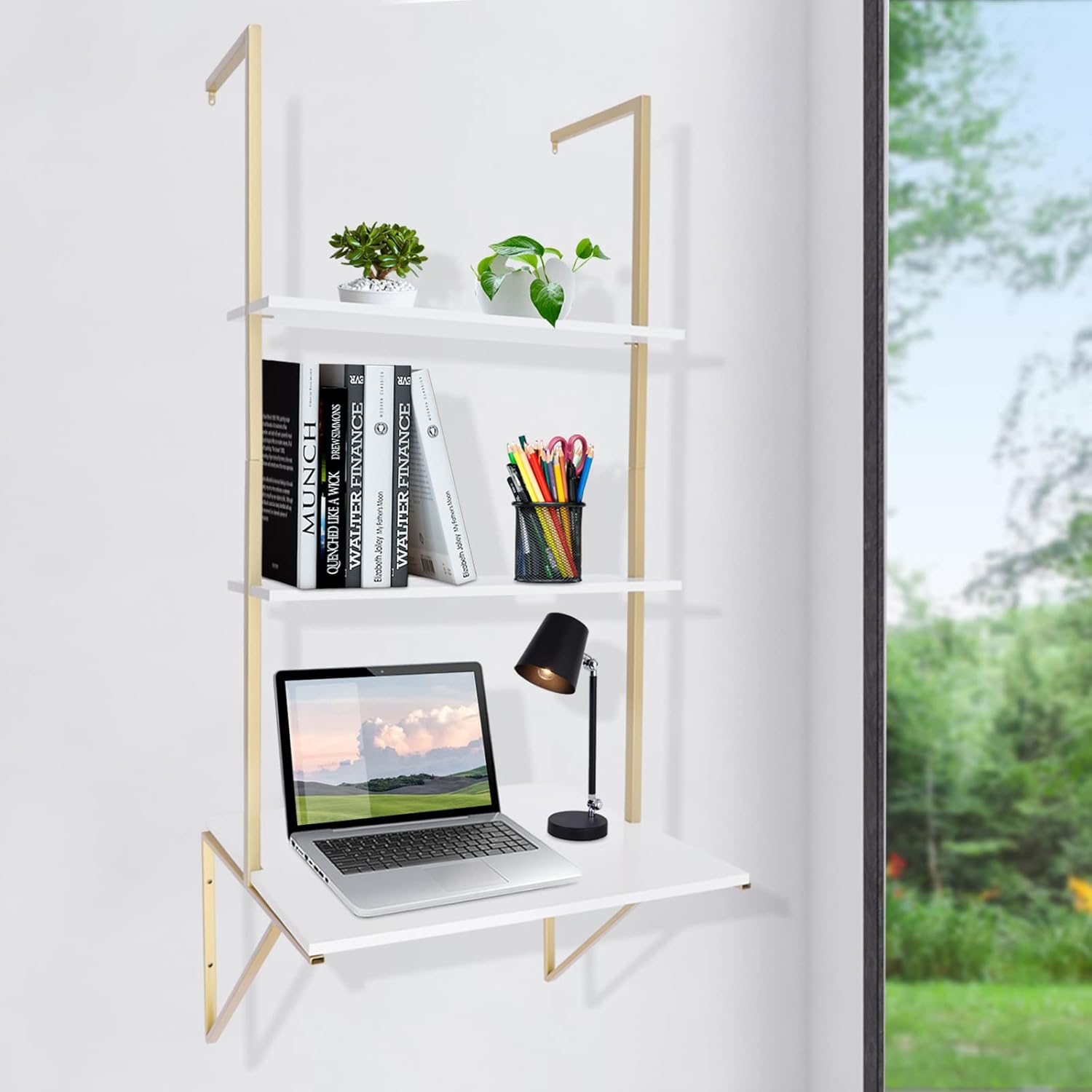 Wall Mount Desk 3-Tier Ladder Computer Desk with Storage Bookshelf Wall Table Industrial Bookcase Desk Industrial Floating Shelves for Home Office White