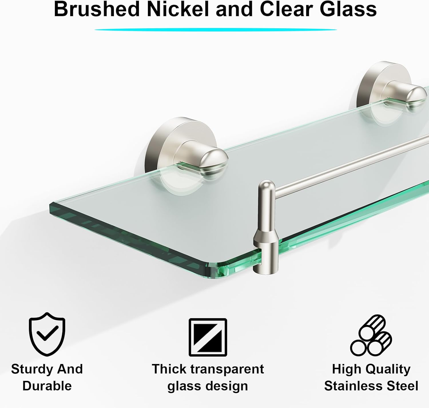 Glass Shelf for Bathroom 2 Pack,16-Inches Floating Glass Shelves Towel Bar/Track(Brushed Nickel)