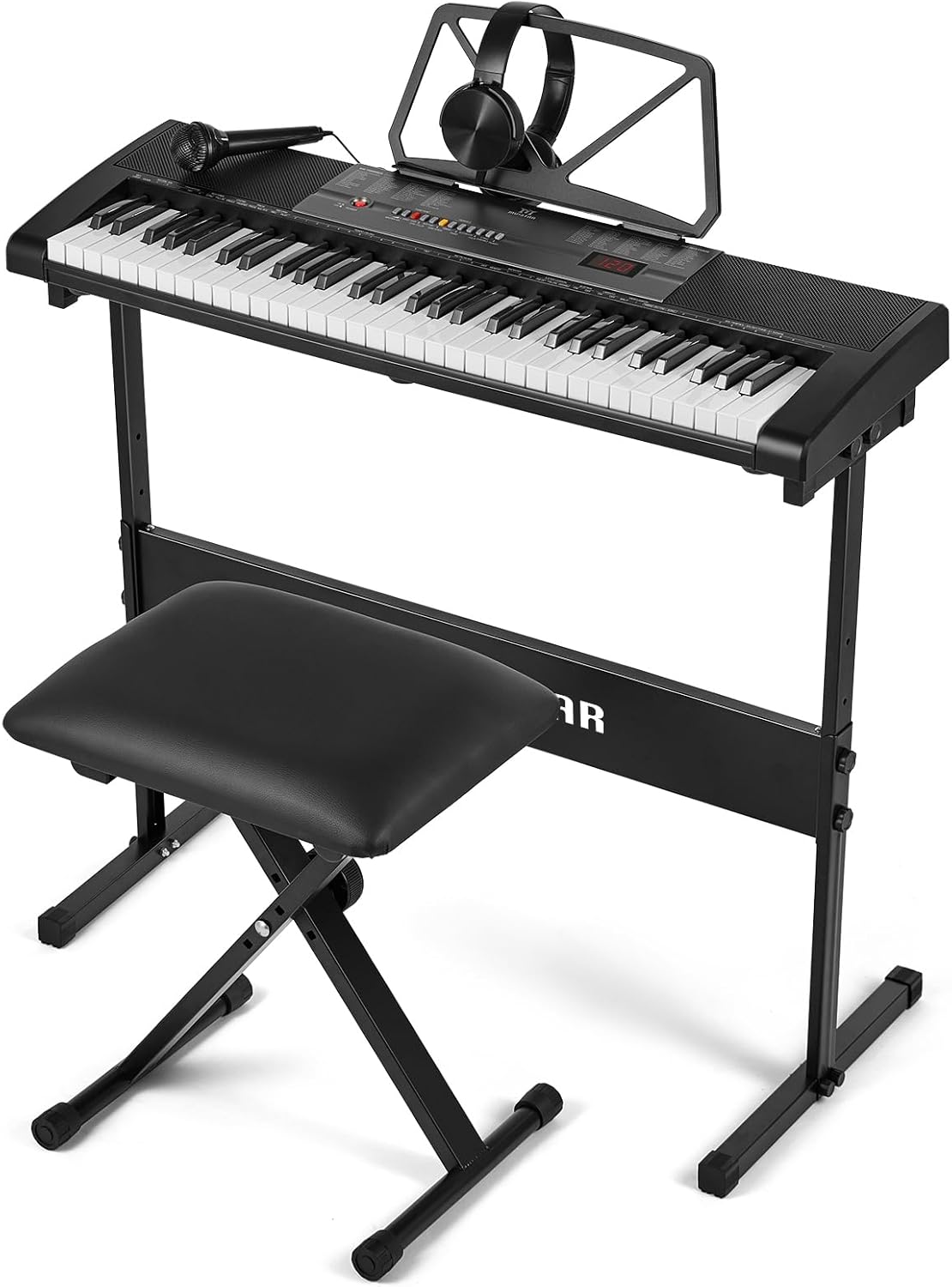 61 Key Electric Piano Keyboard for Beginners with Lighted Keys – Includes Stand, Bench, Headphones, Microphone, Note Stickers & Built-in Speakers – Digital Piano Learning Keyboard