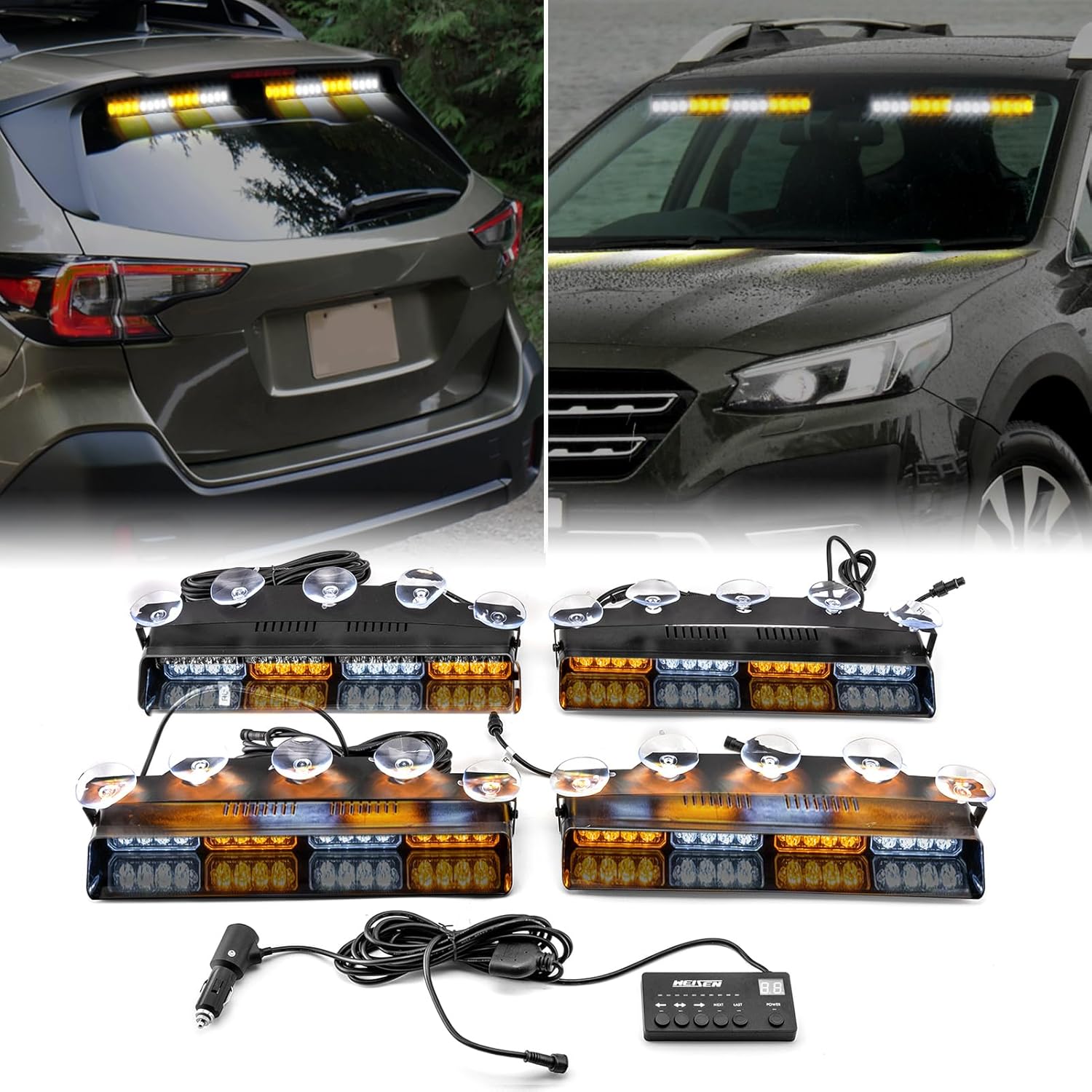 WeiSen 4 Pack 2x14 Inch Traffic Advisor Light Bar with Controller & Wiring Harness and Suction Cups, 64 LED Interior Windshield Light Bar Compatible with Car Sedan (Amber & White)